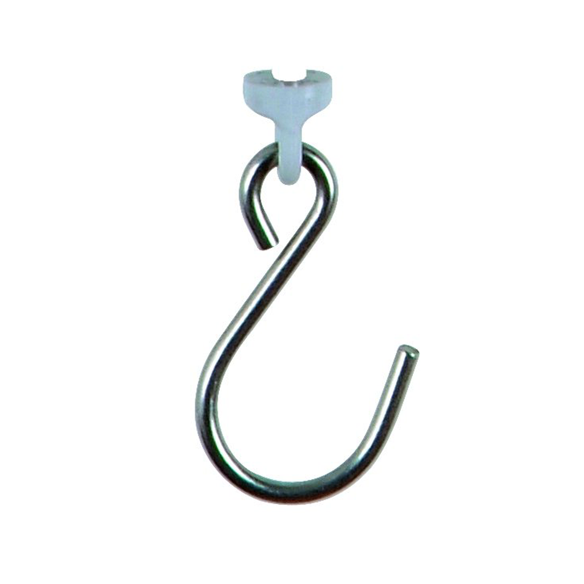 A metal S-hook on a white background.