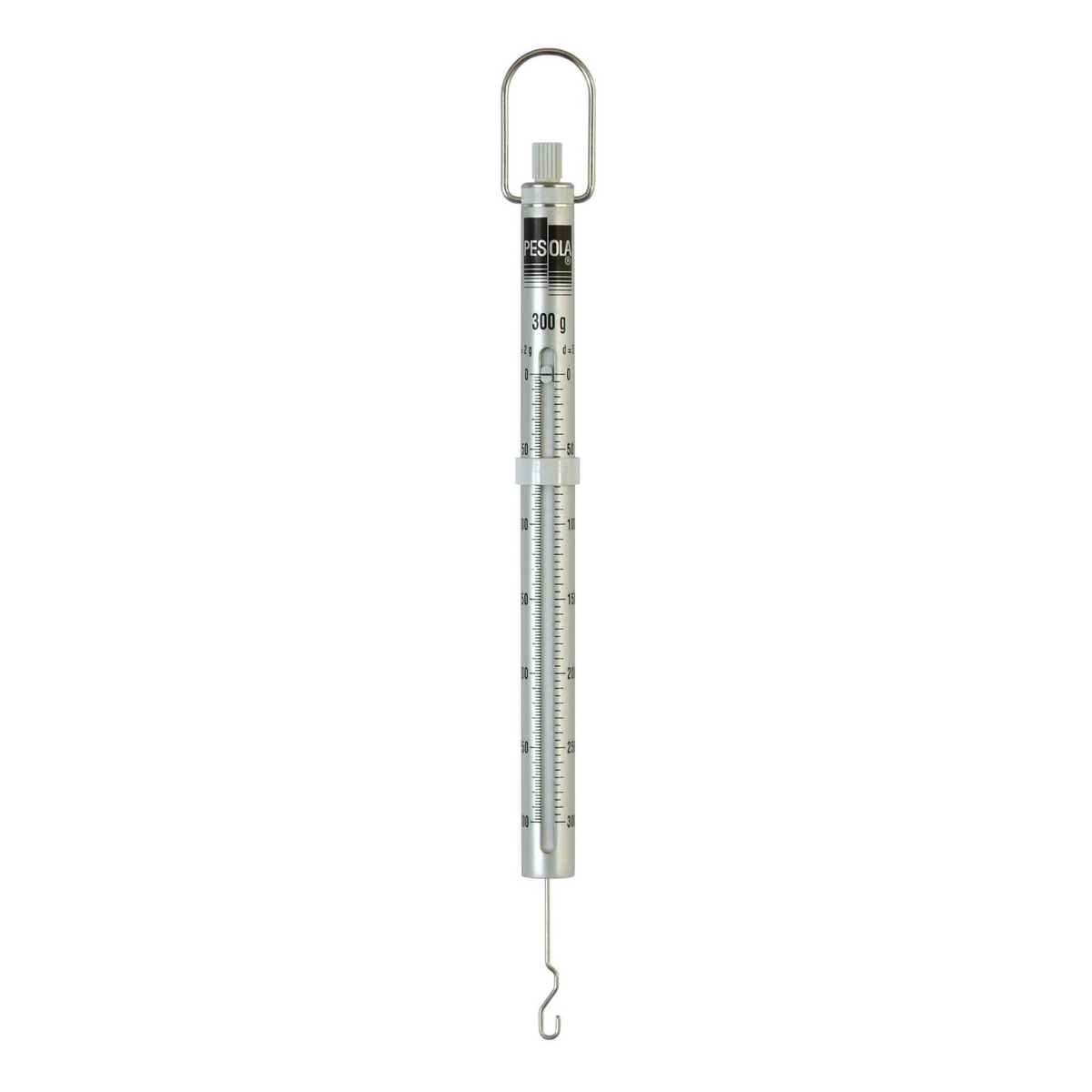 A hanging spring scale with a silver metal body, a top hanging loop
