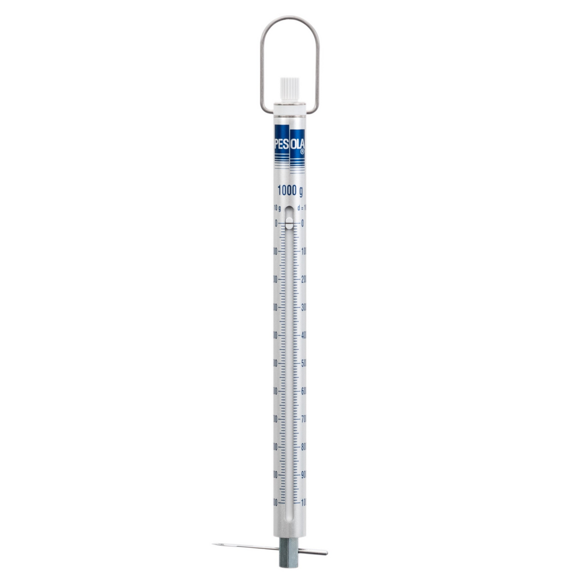 A 1000g hanging scale with a clear plastic body and blue measurement markings