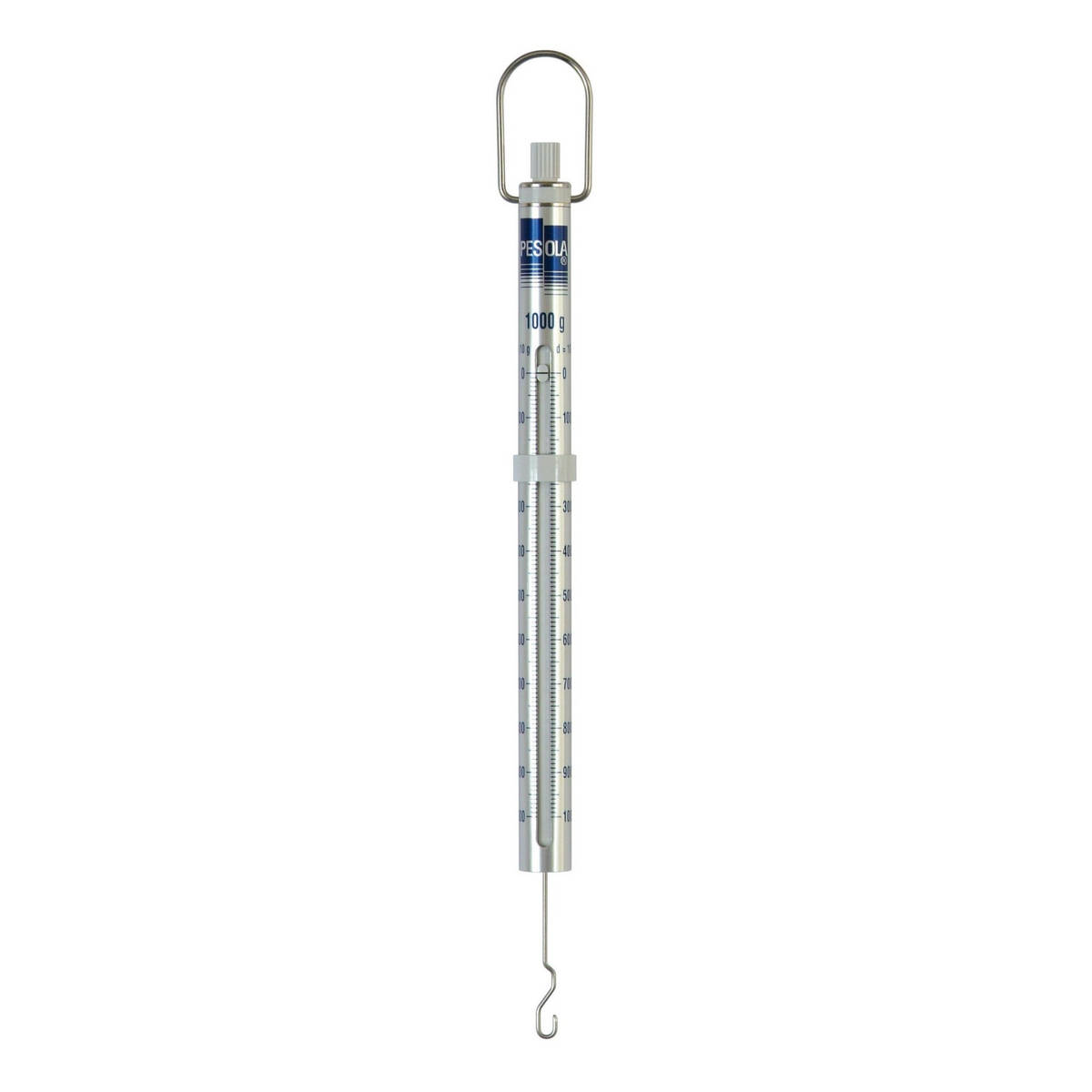 A hanging spring scale with a silver metal body, hook, and hanging loop