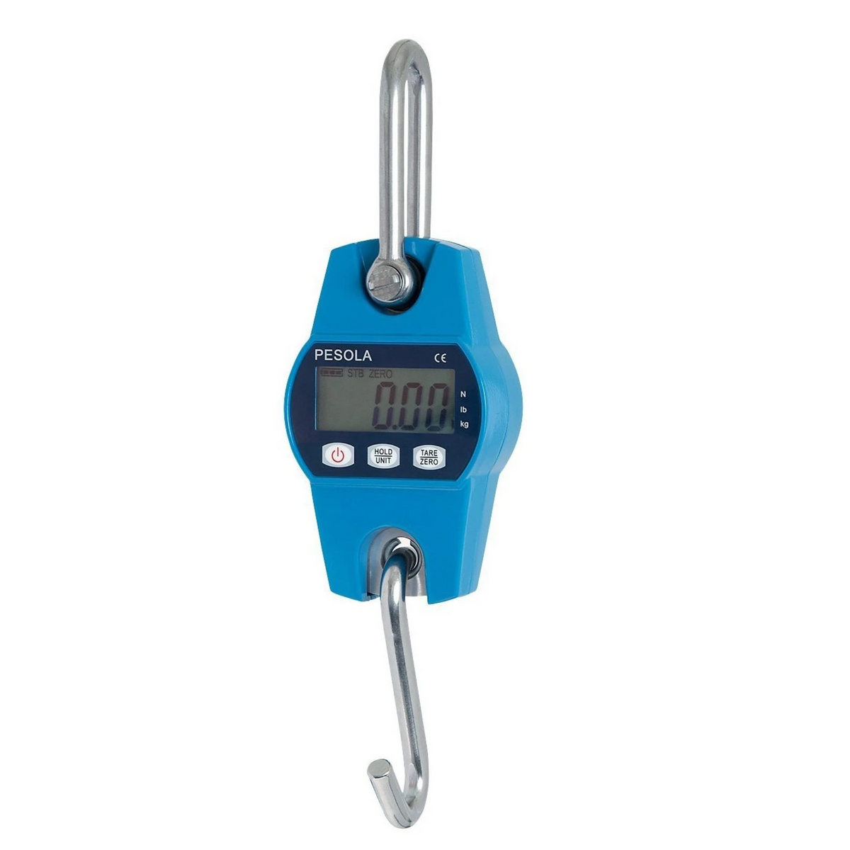 A blue handing scale with silver hook and hanging loop.