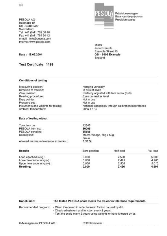 Pesola Test Certificates for Scales Less Than 50 Kg - prospectors.com.au