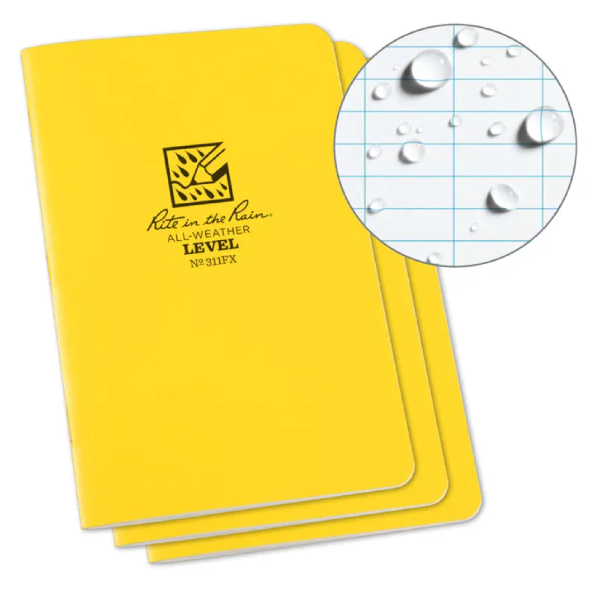 Yellow notebook with water-resistant feature and logo on a white background