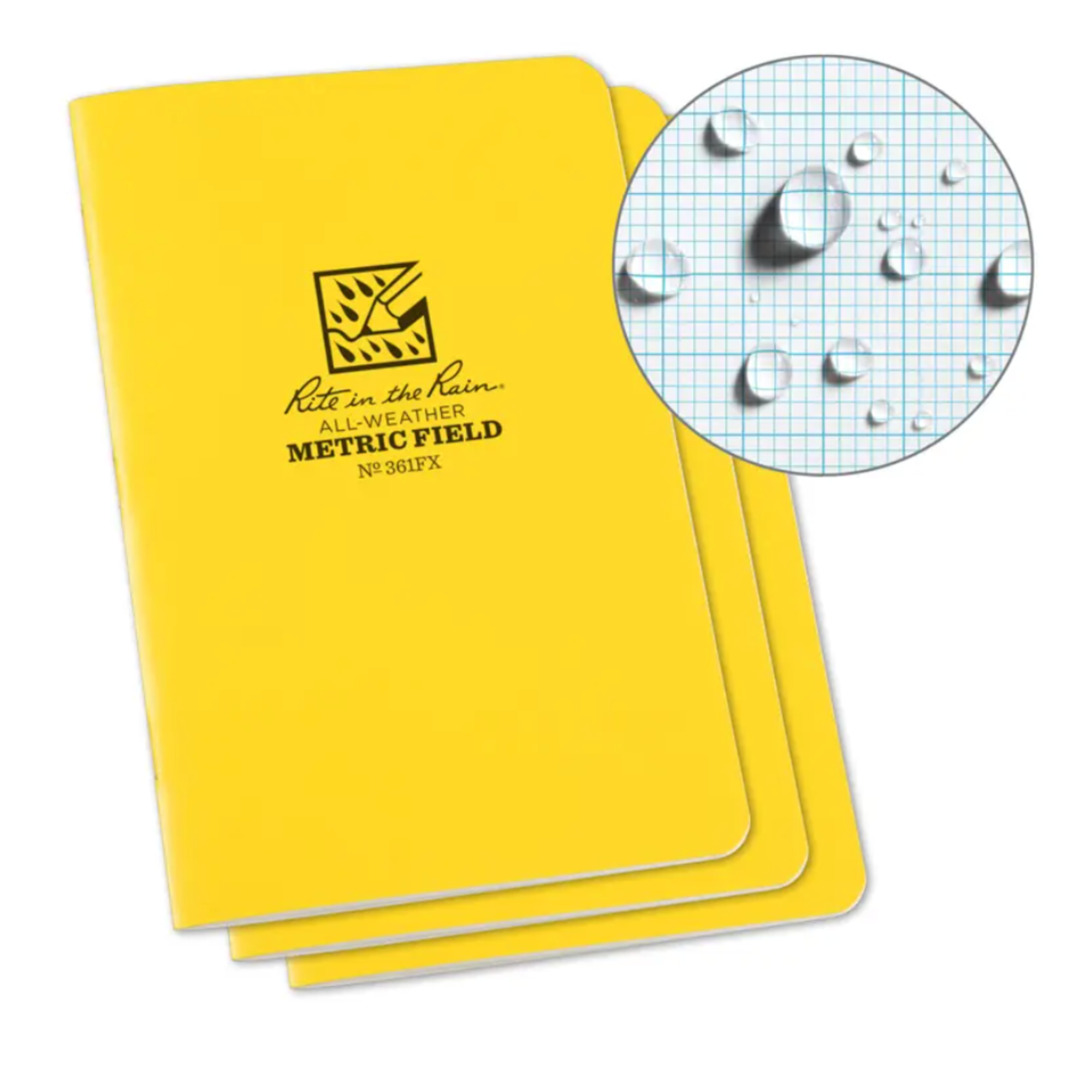 Yellow notebooks with 'Rite in the Rain' logo and water droplet graphic on a white background