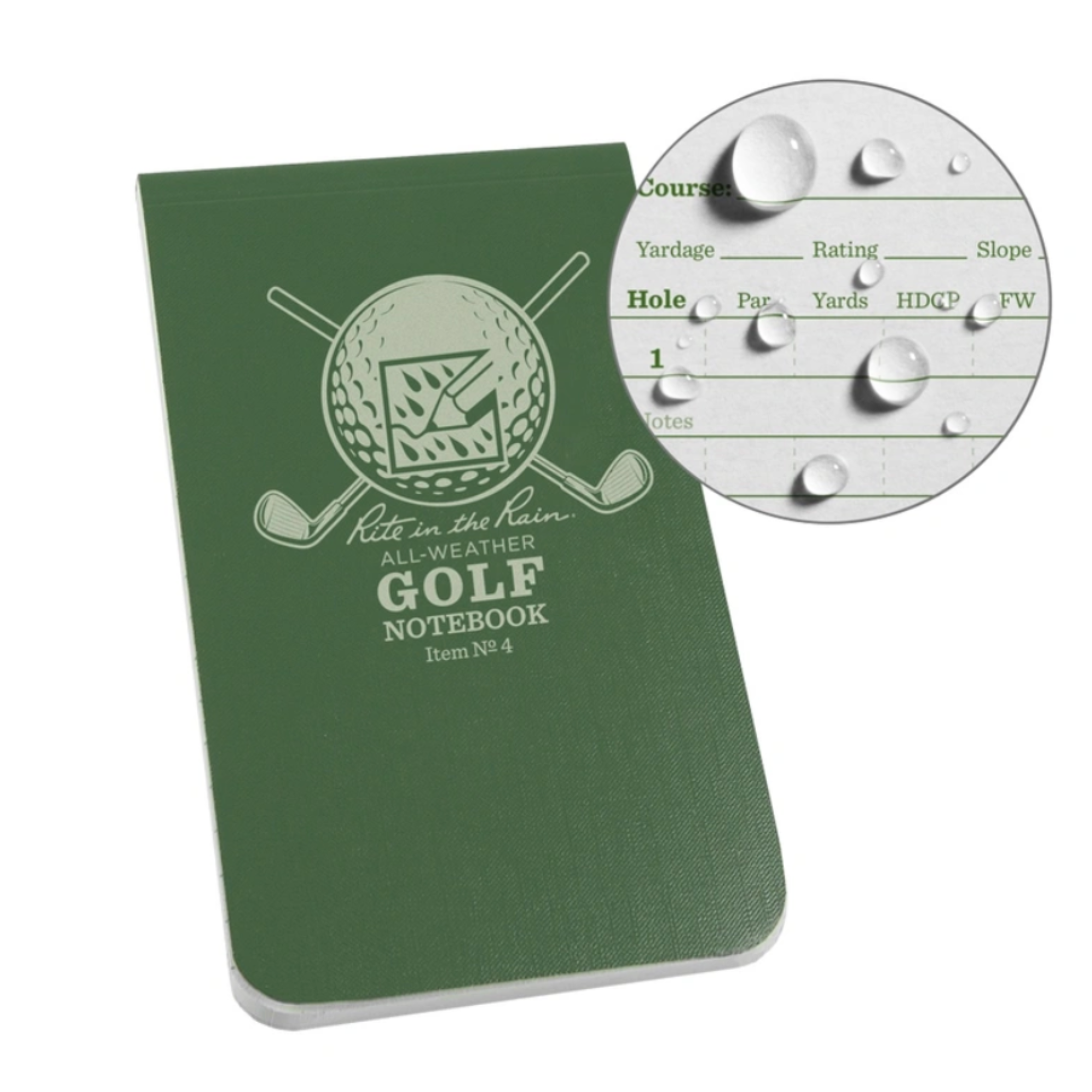 Green golf notebook with golf course details on a white background