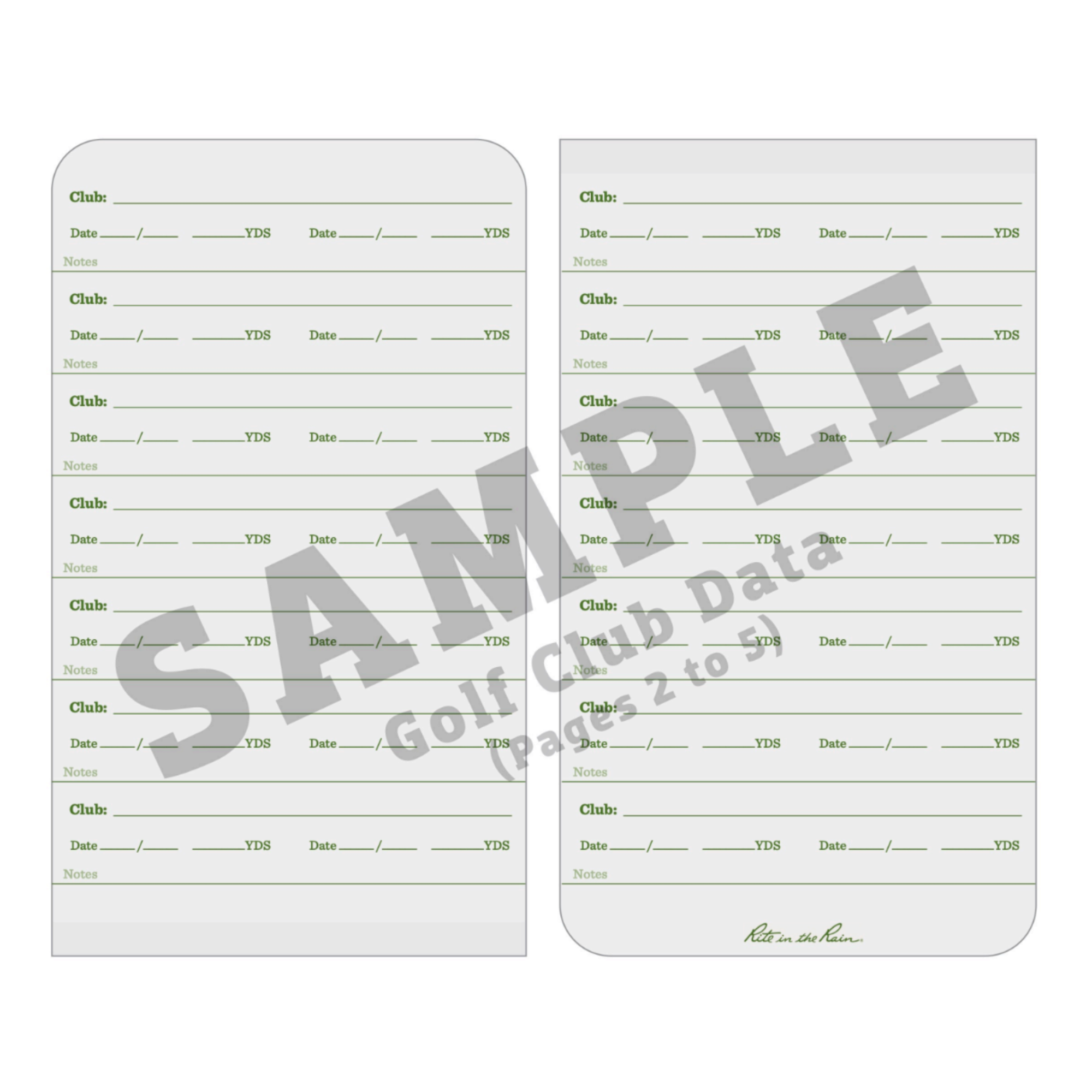 Two golf club data cards on a white background.