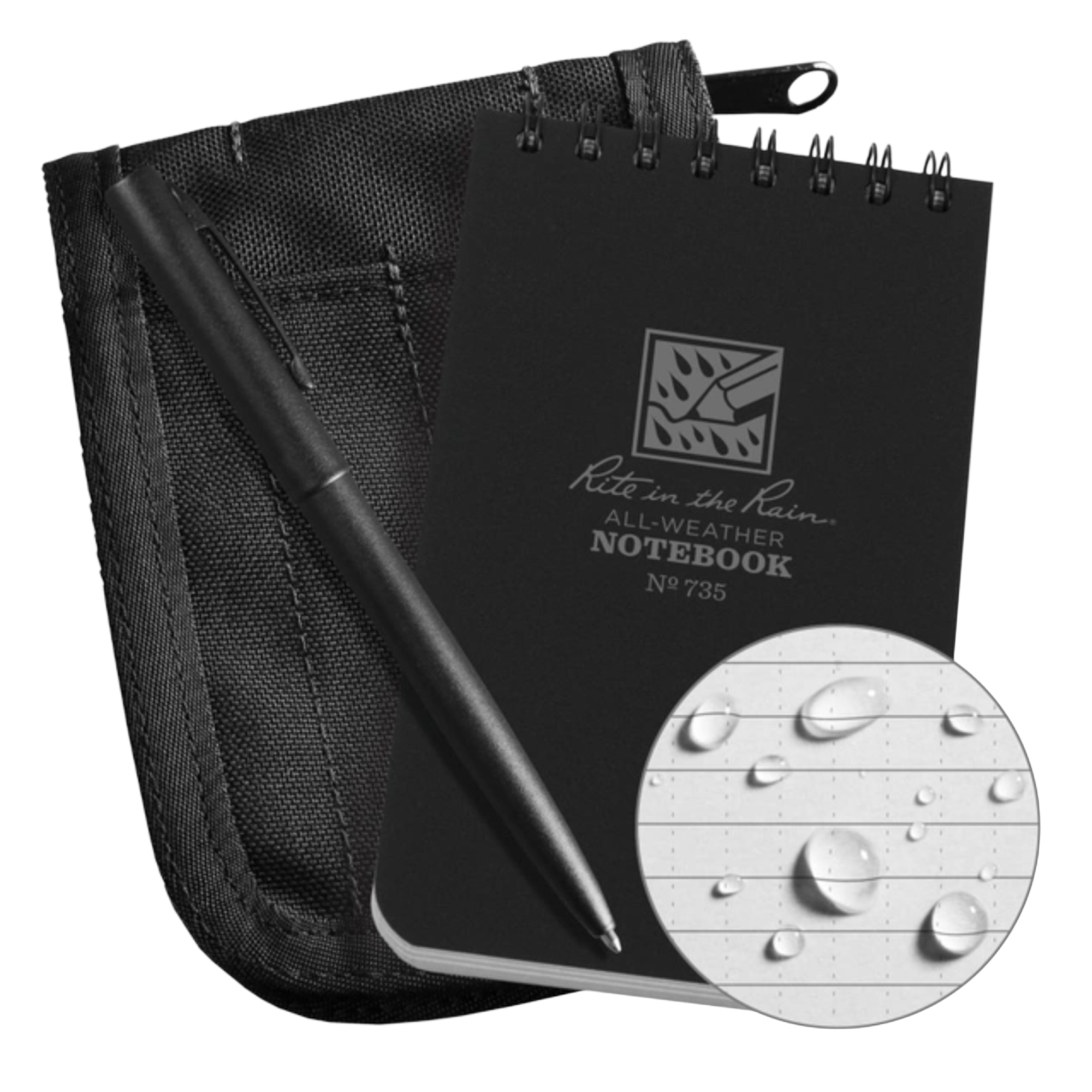 Black notebook with pen and pouch on a white background.