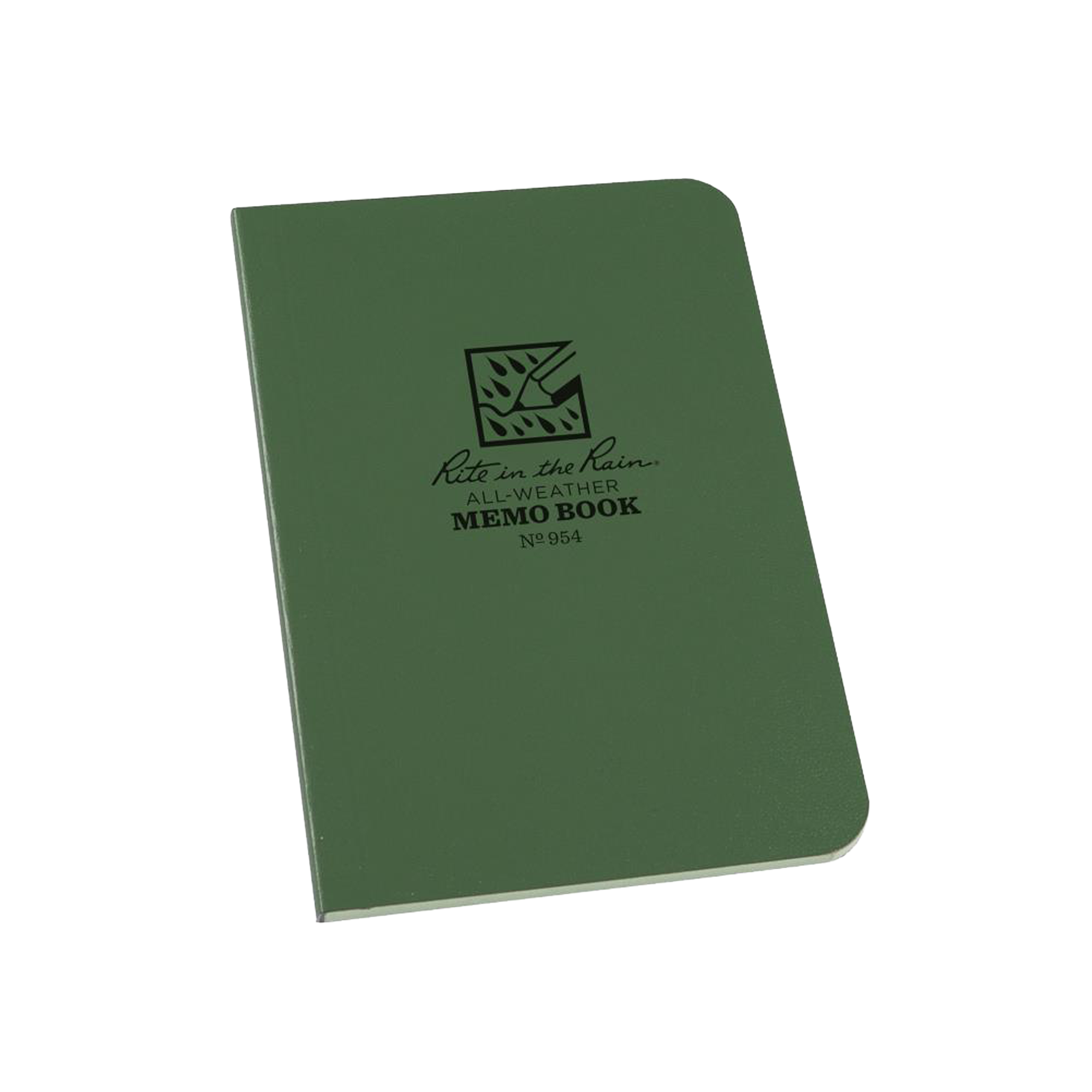 A dark green memo book with rounded corners on a plain white background.