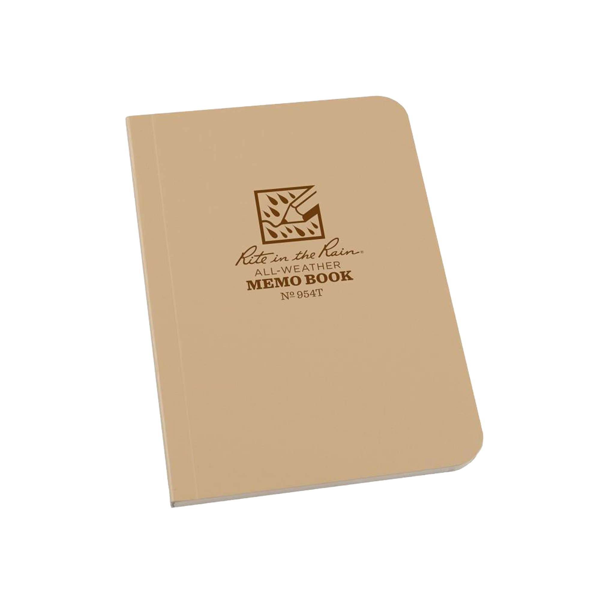 A tan waterproof memo book with rounded corners
