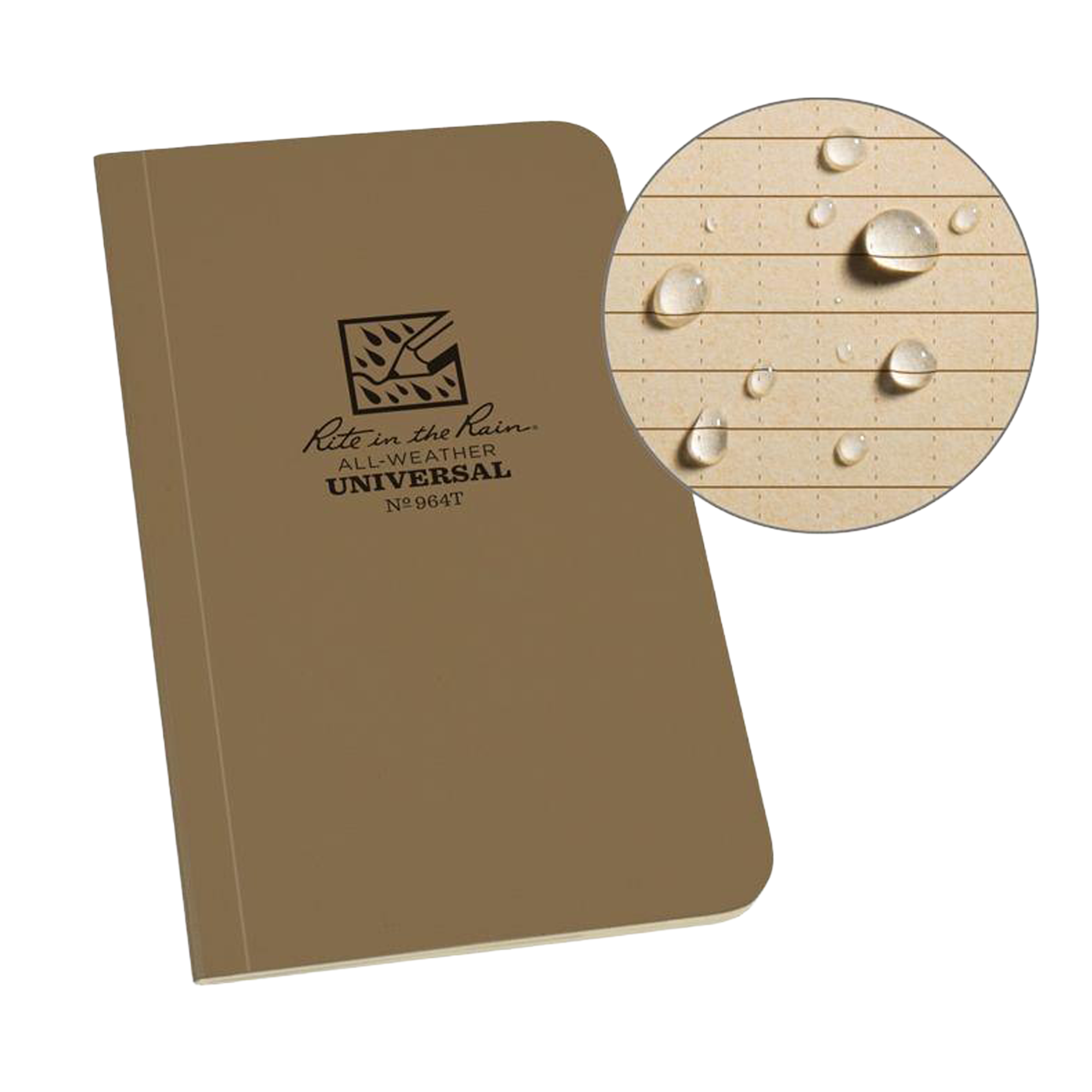 A brown notebook with a circular inset showing water droplets on the cover.