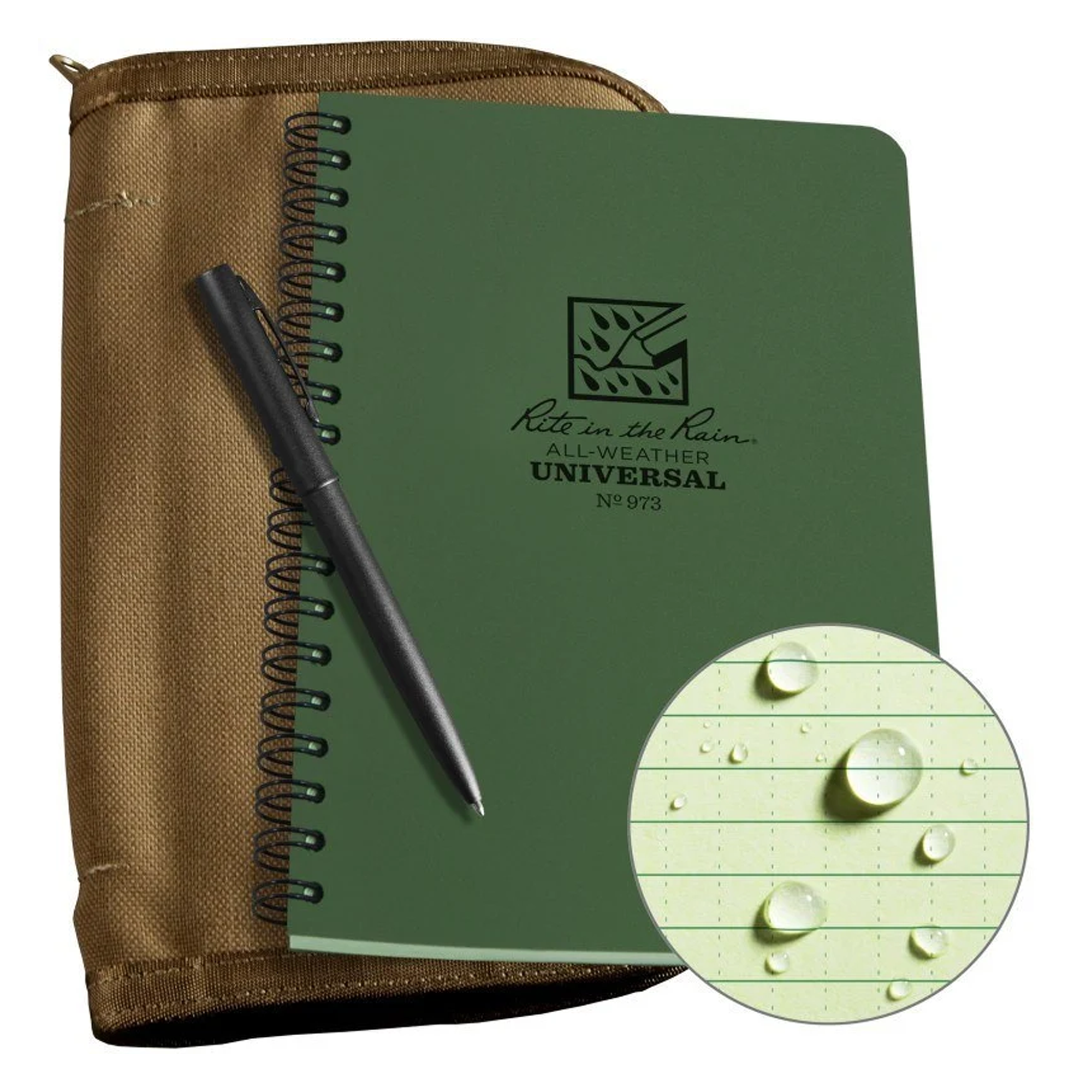 A green Rite in the Rain All-Weather Universal notebook shown with a brown nylon carrying pouch and a black pen.