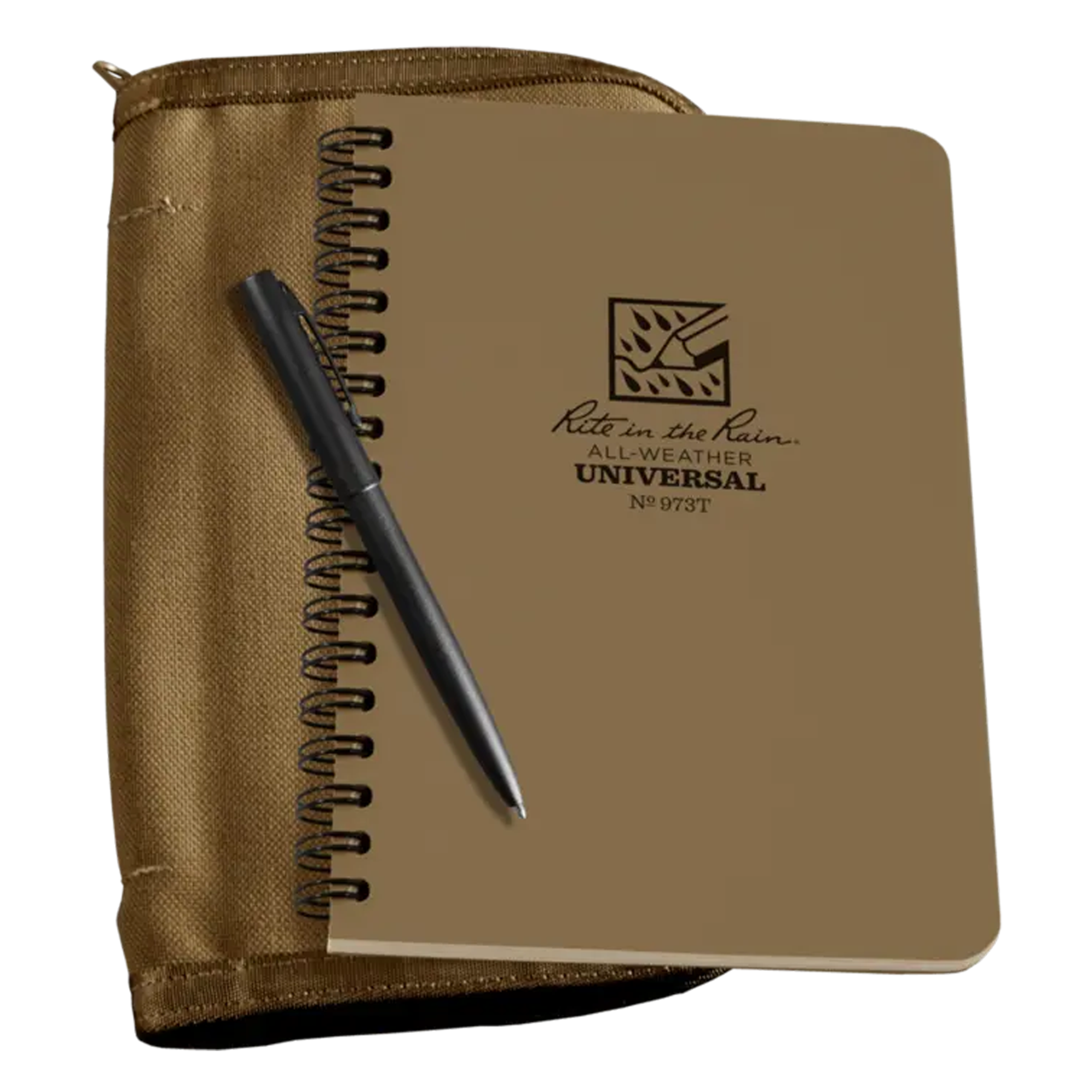 A tan spiral-bound notebook with a black pen resting on top, placed in front of a matching tan zippered pouch.