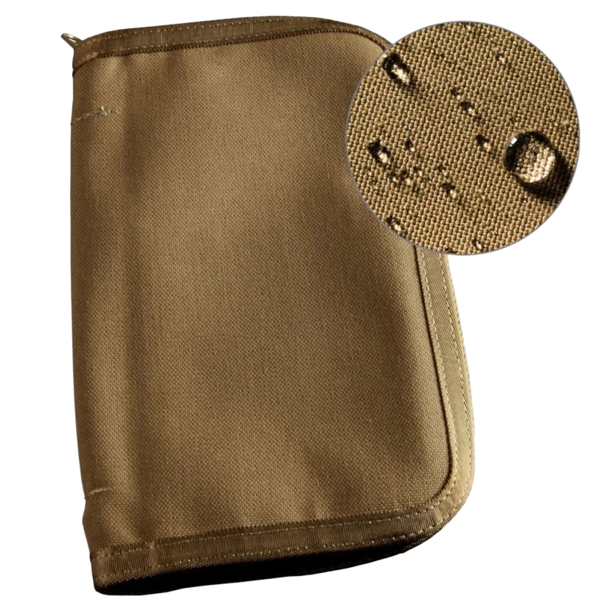 Brown fabric wallet with close-up of texture on a white background