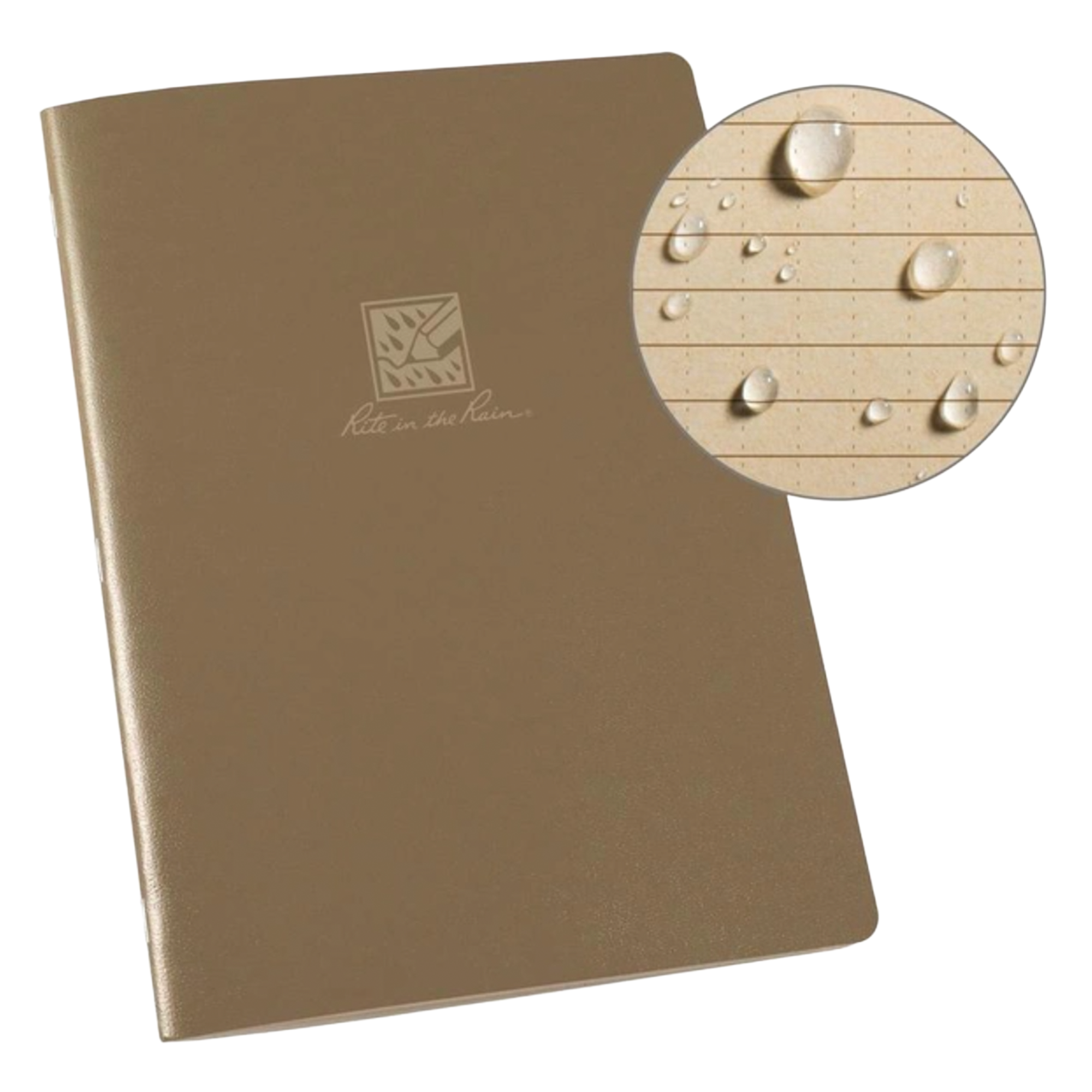Brown notebook on a white background, with a close-up of water droplets on the cover.
