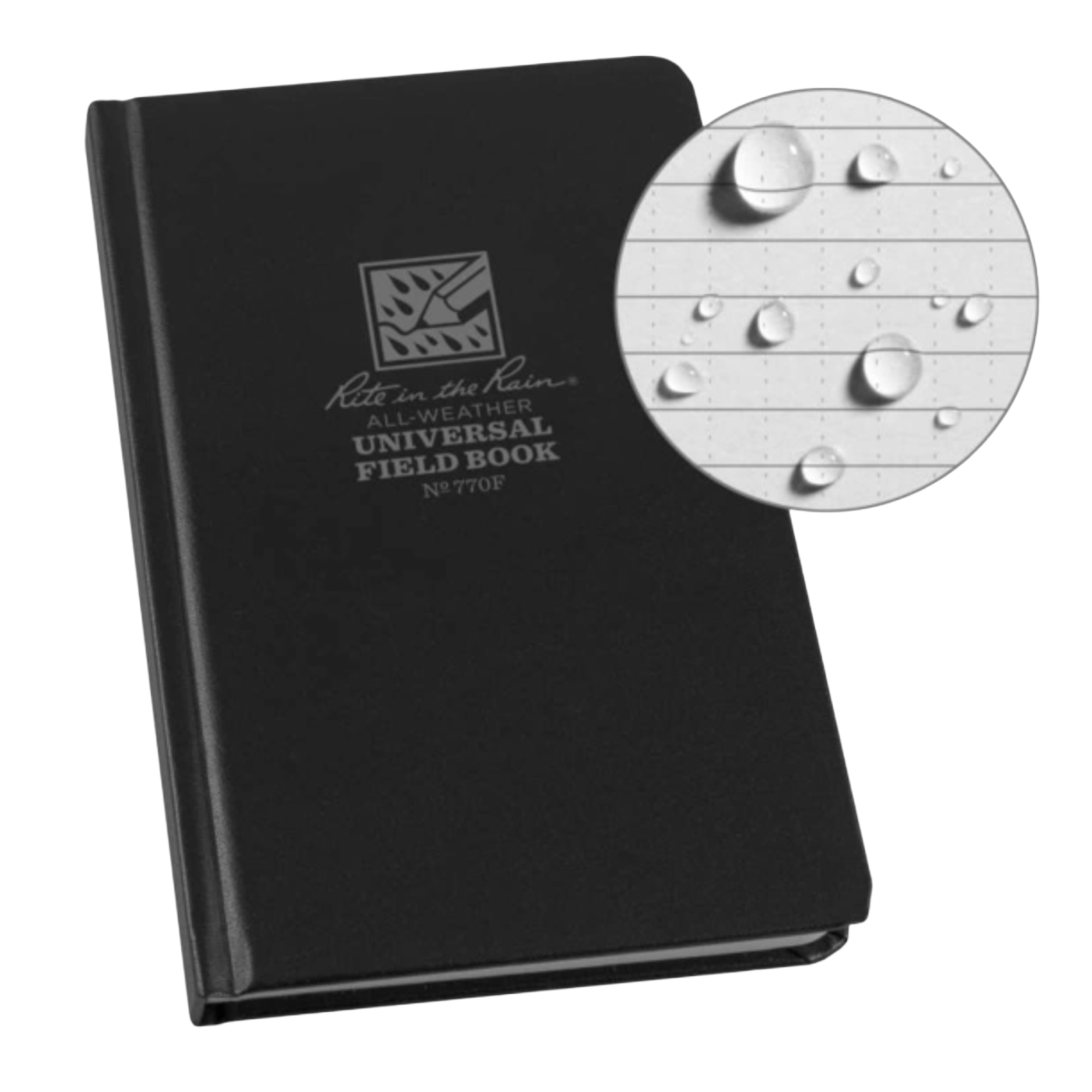 Black field book with water droplet detail on a white background