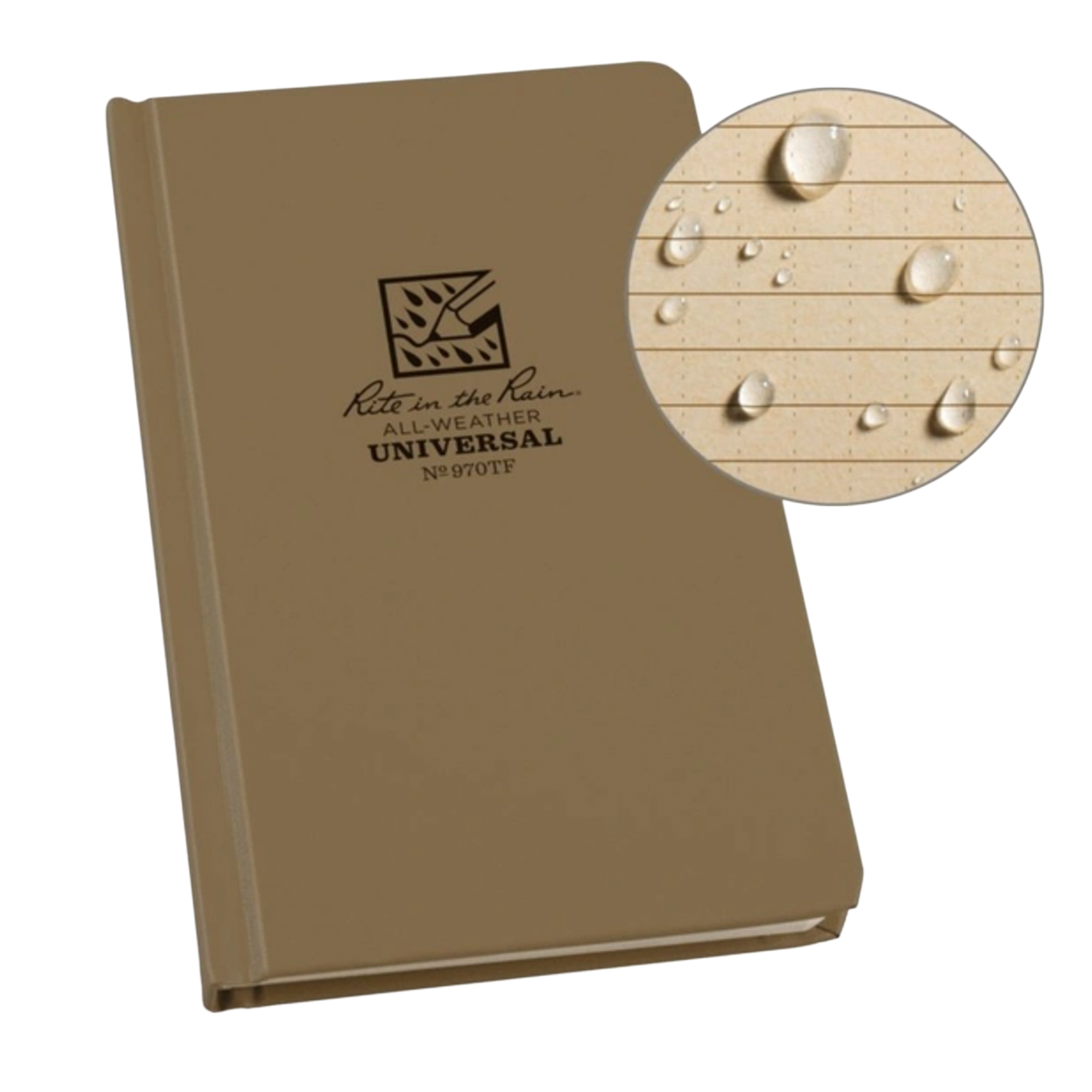 Brown notebook with 'Rite in the Rain' logo and water droplet detail on a white background