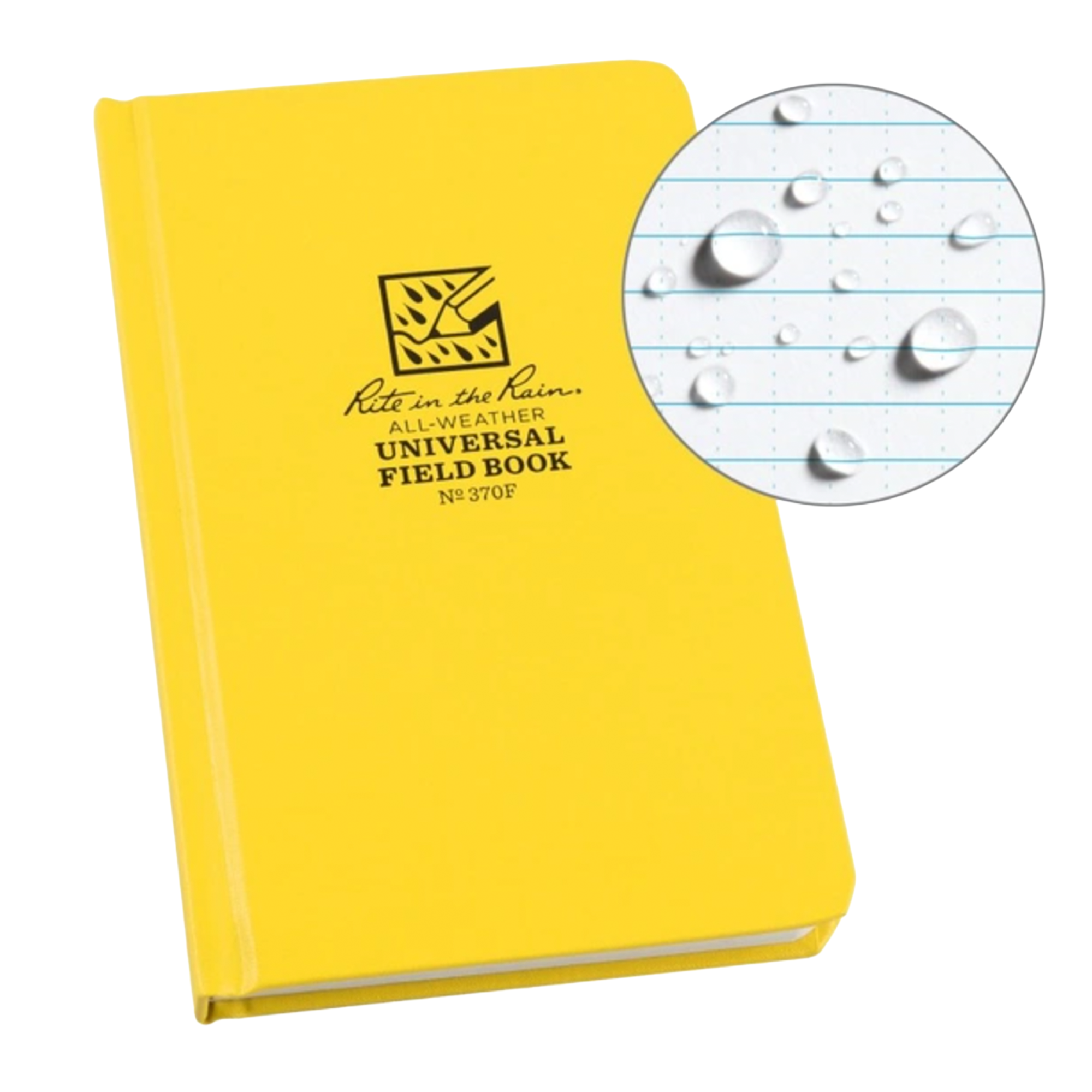 Yellow field book with Rite in the Rain logo and inset showing lined paper.