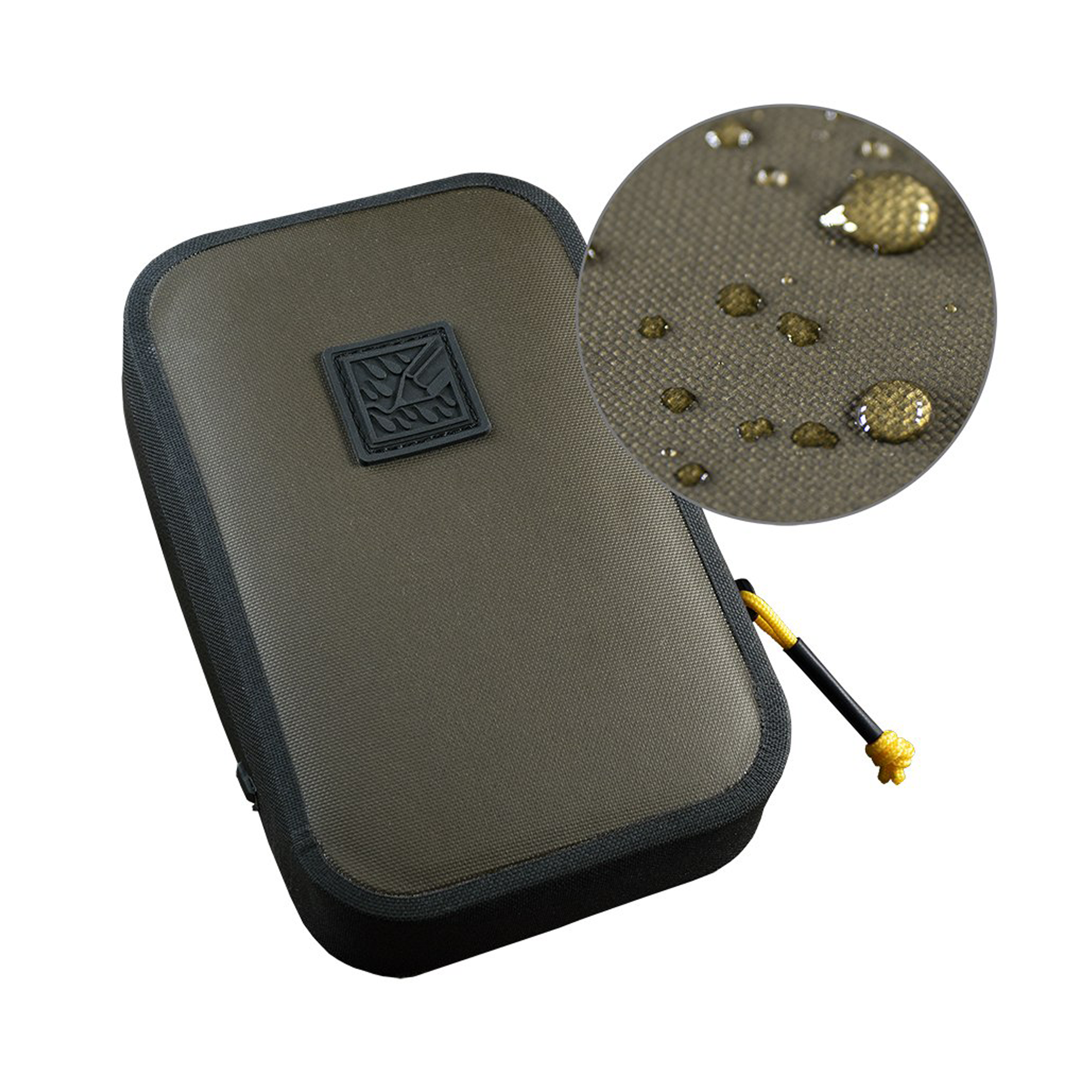 A olive drab and black tactical pouch with a black zipper.