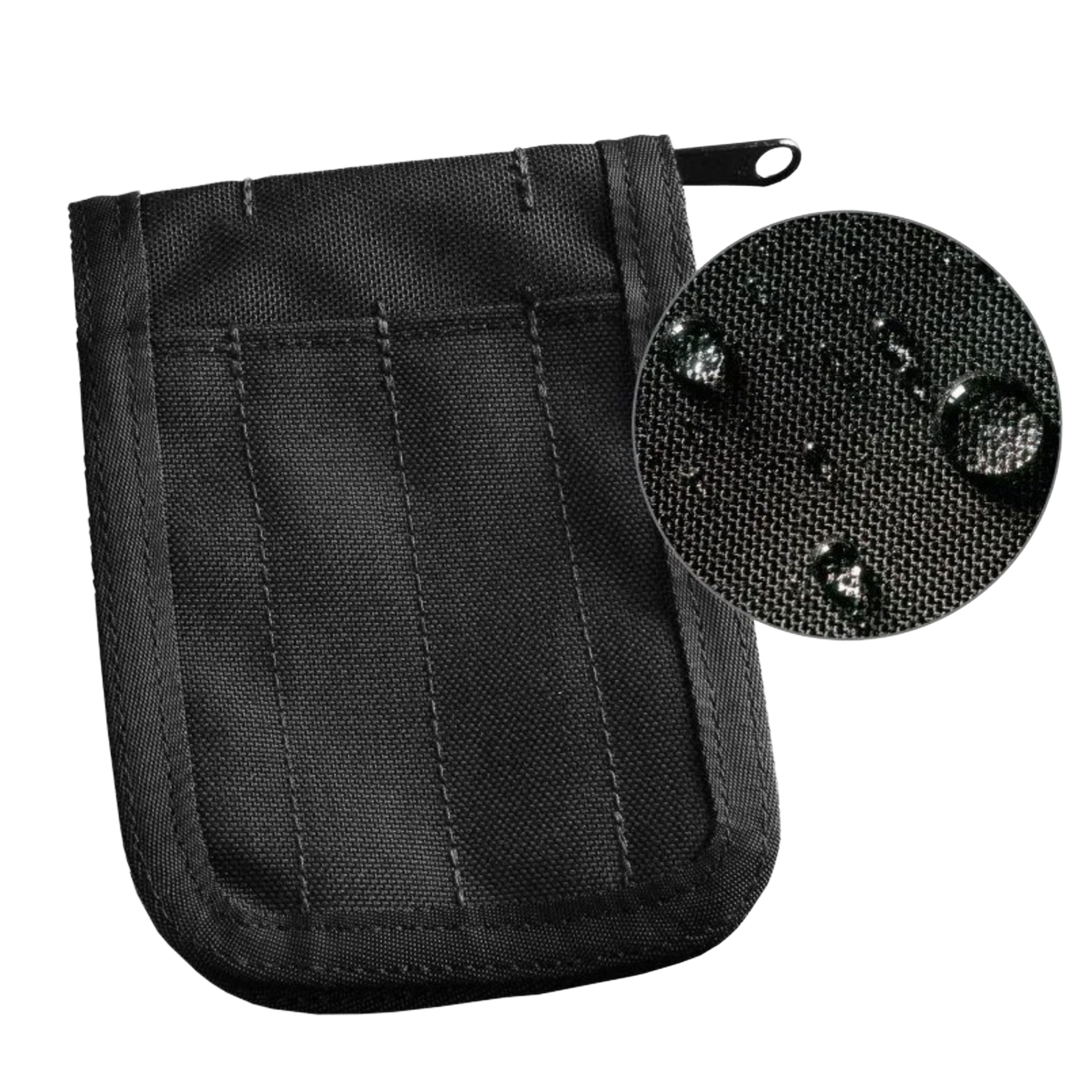 Black tactical pouch with detailed stitching on a white background