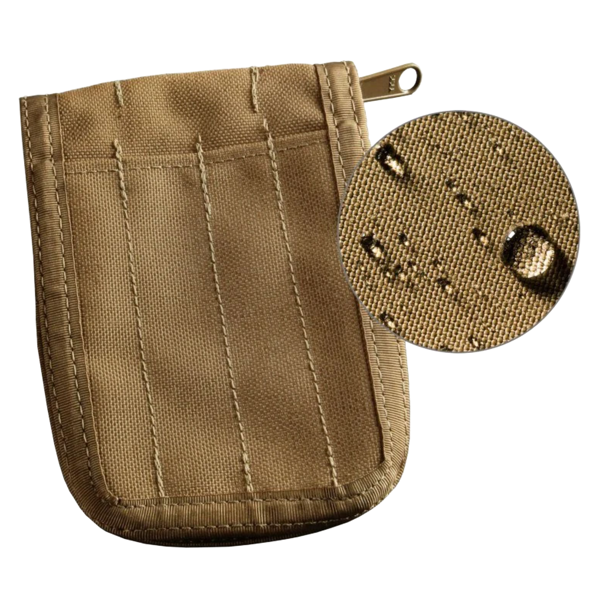 Brown tactical pouch with close-up of stitching detail on a white background