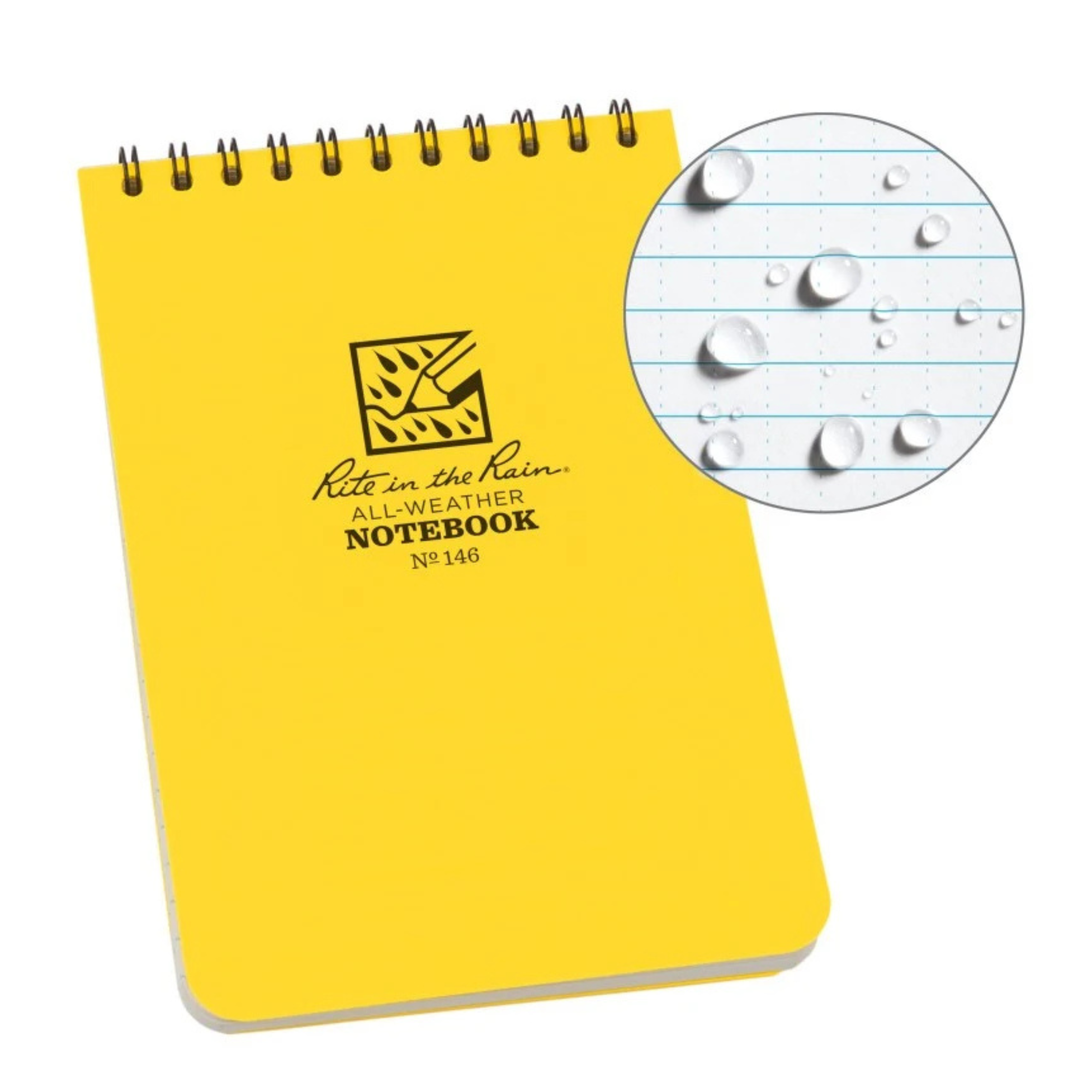 Yellow top spiral notebook with water droplet on a white background