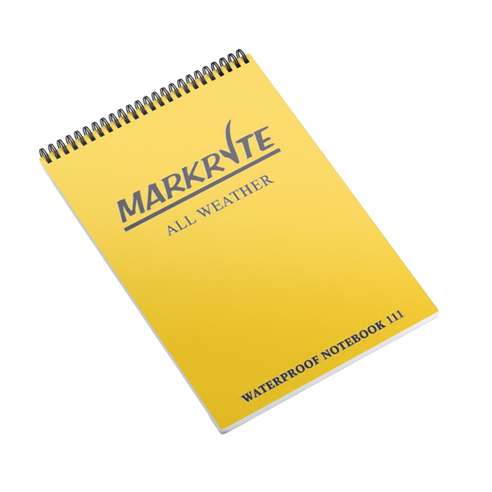 Yellow notebook with 'Markrite All Weather' branding on a white background