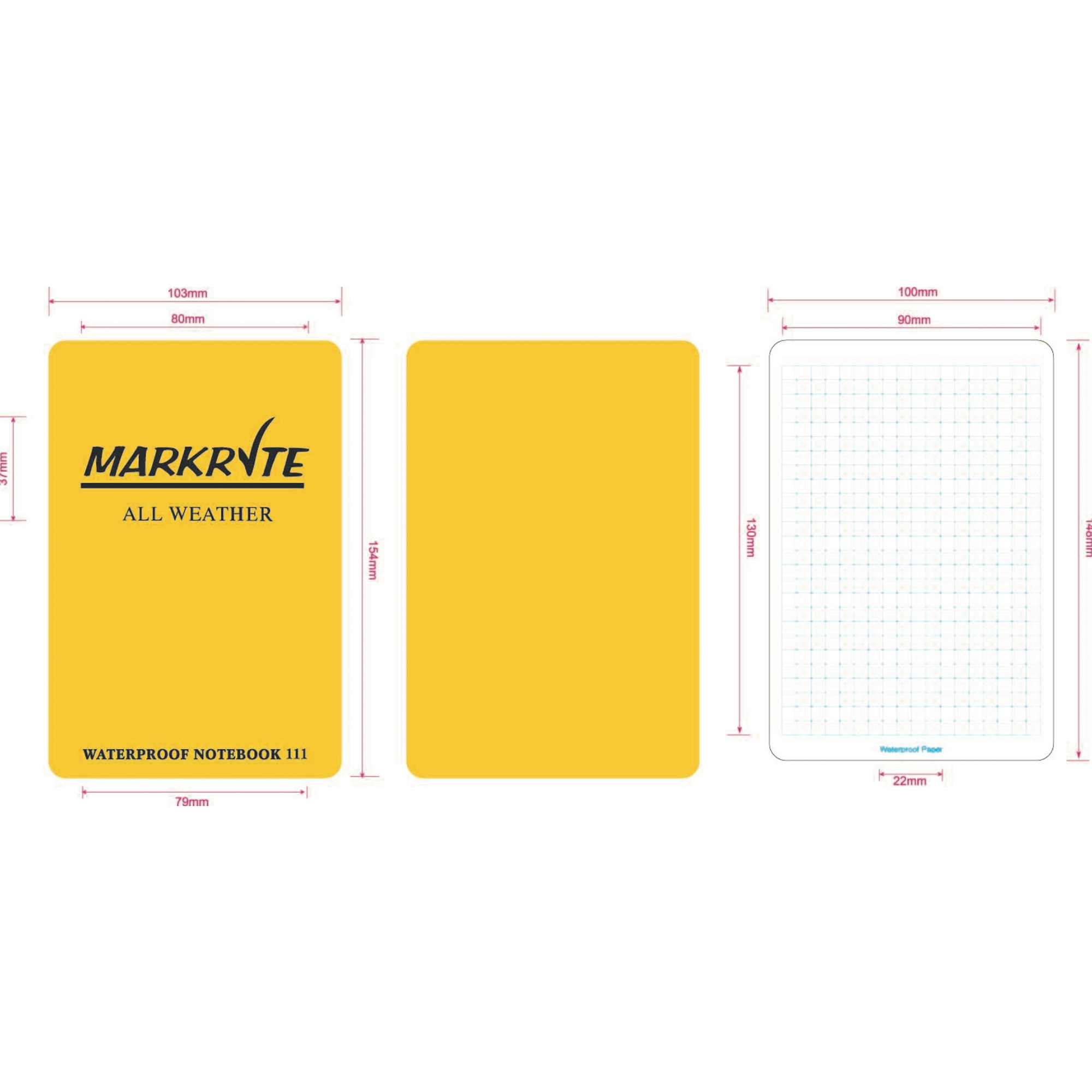 Yellow waterproof notebook with dimensions and grid layout on a white background