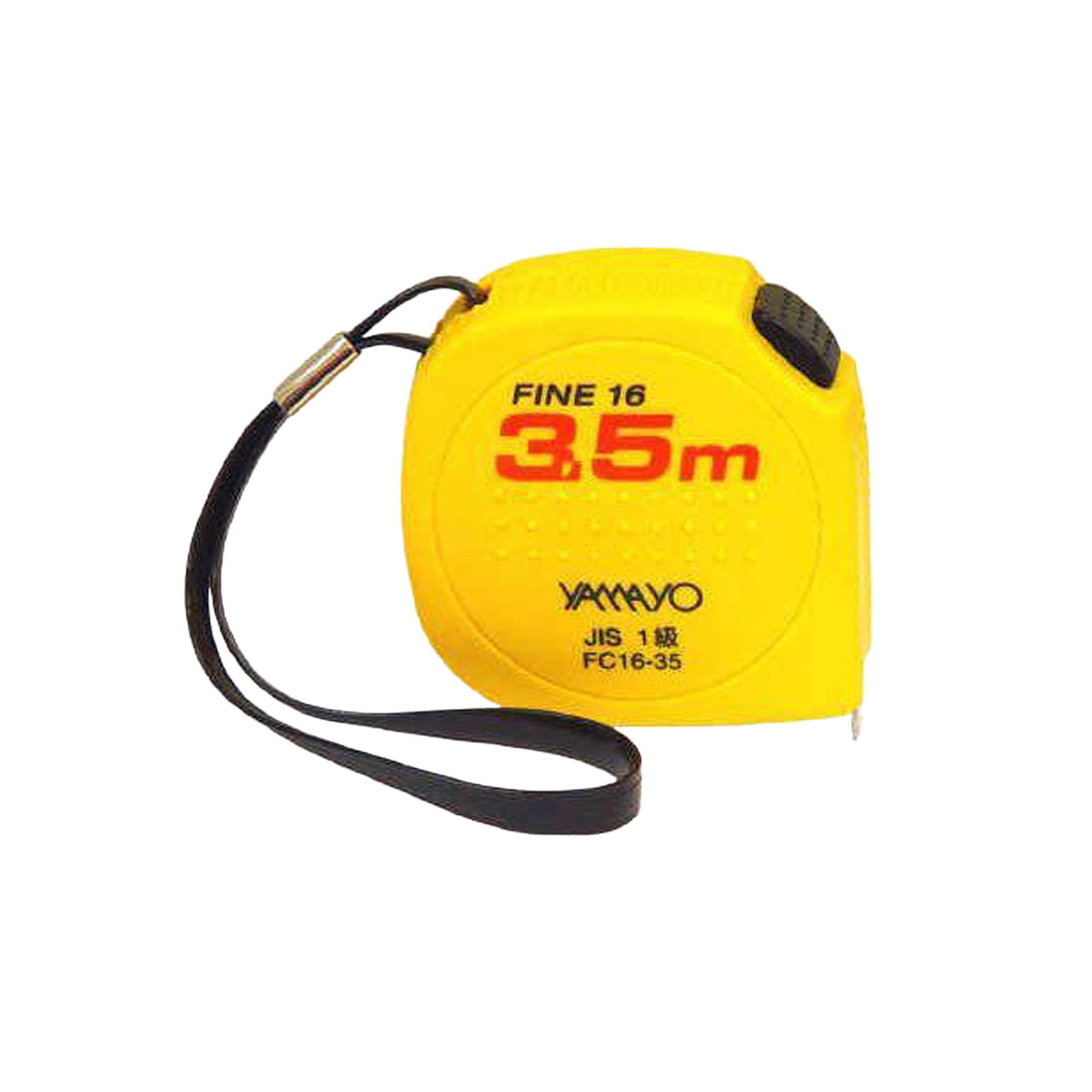 Yellow tape measure with red text on a white background