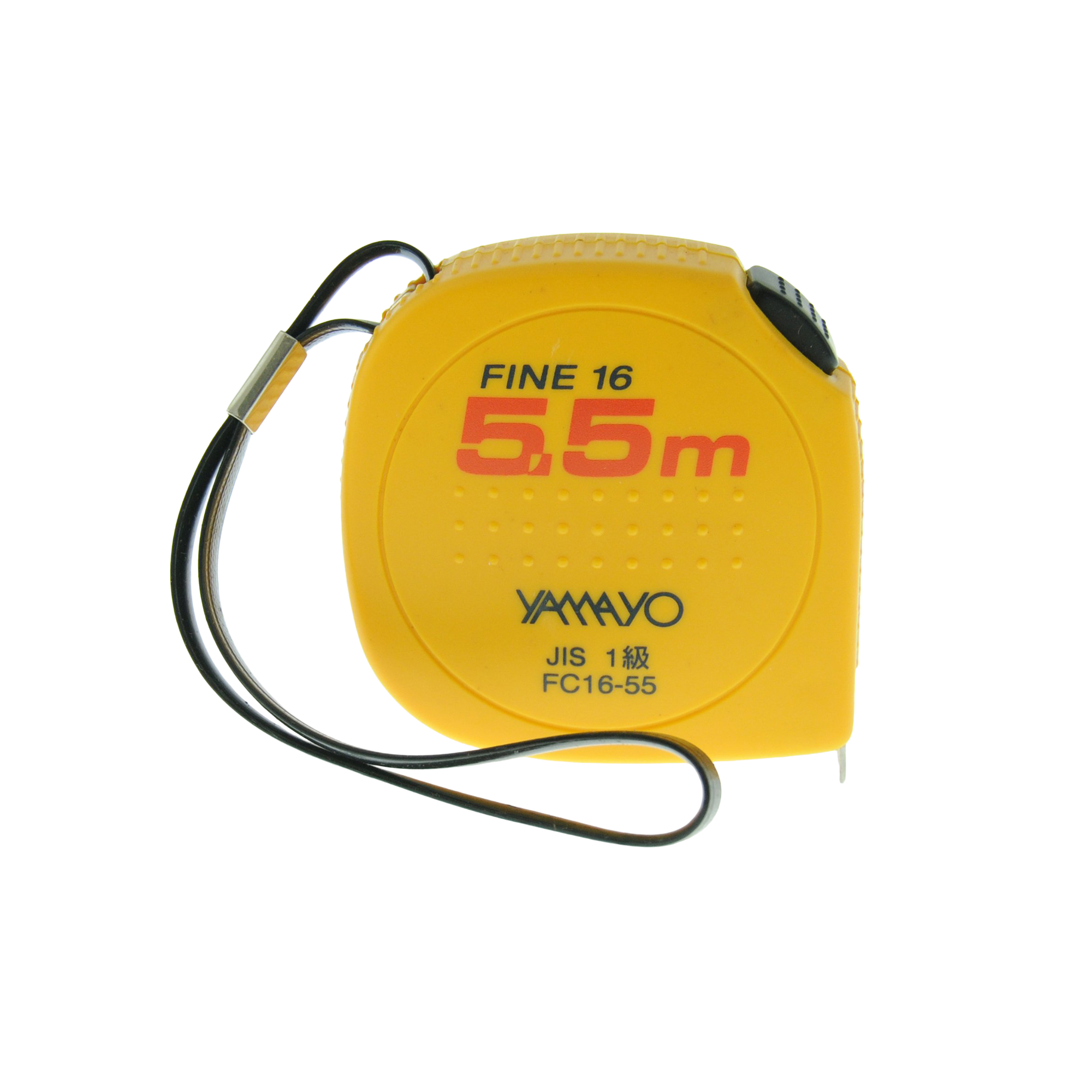 Yellow tape measure with black hand strap on a white background