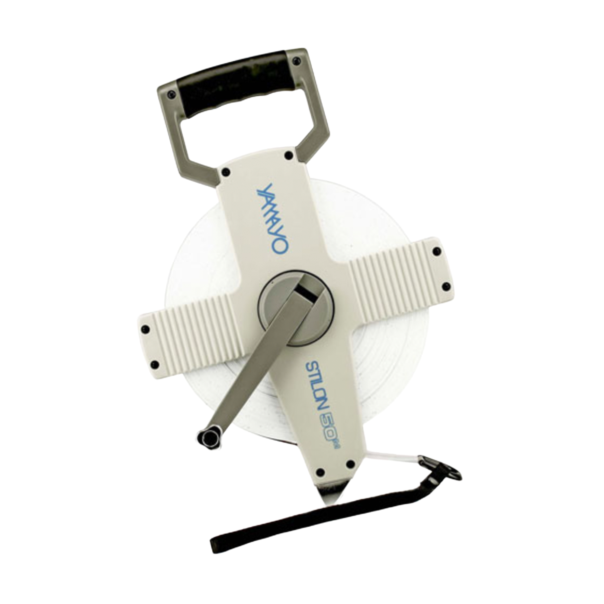 White measuring tape with black handle on a white background