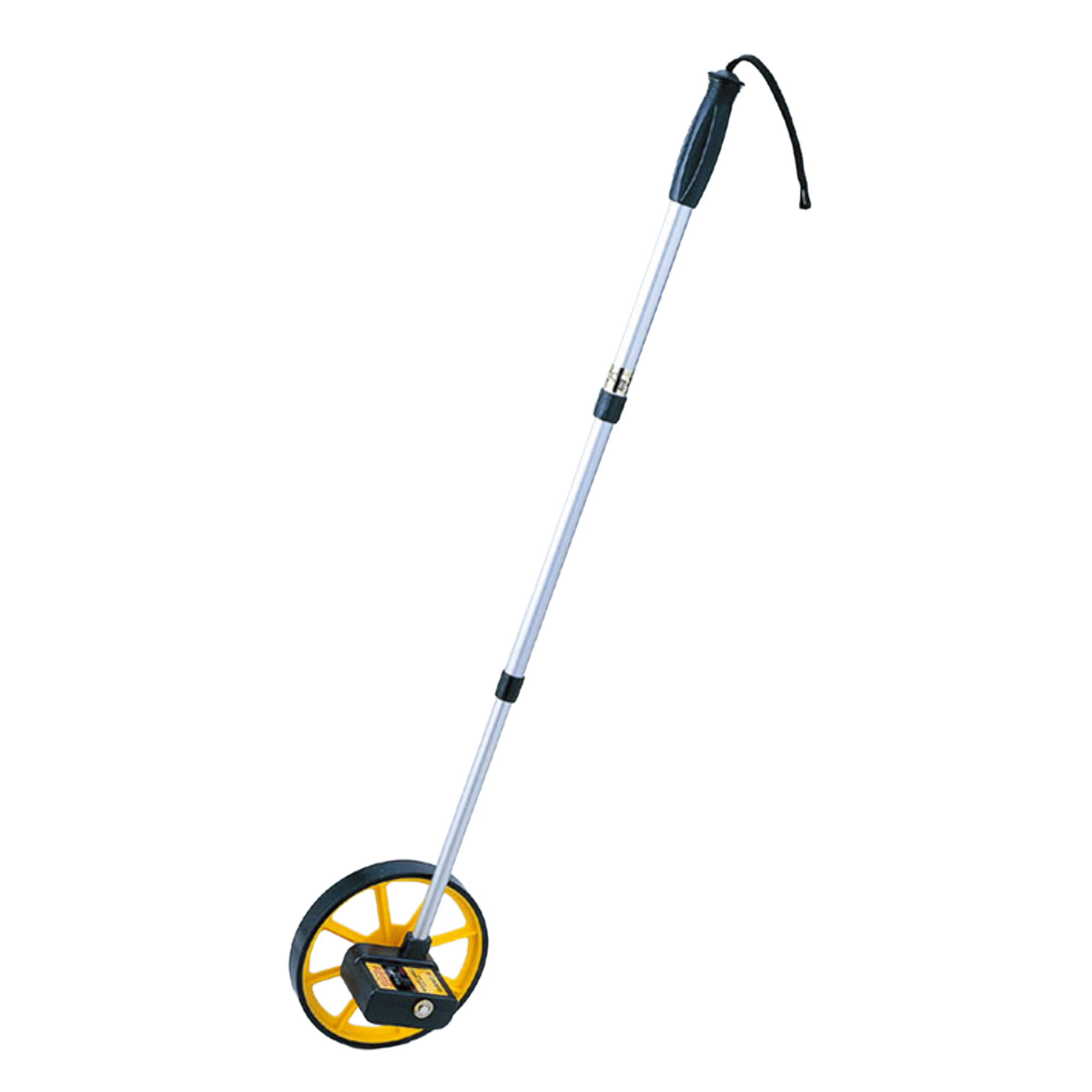 Measurement tool with a long handle and yellow wheel on a white background
