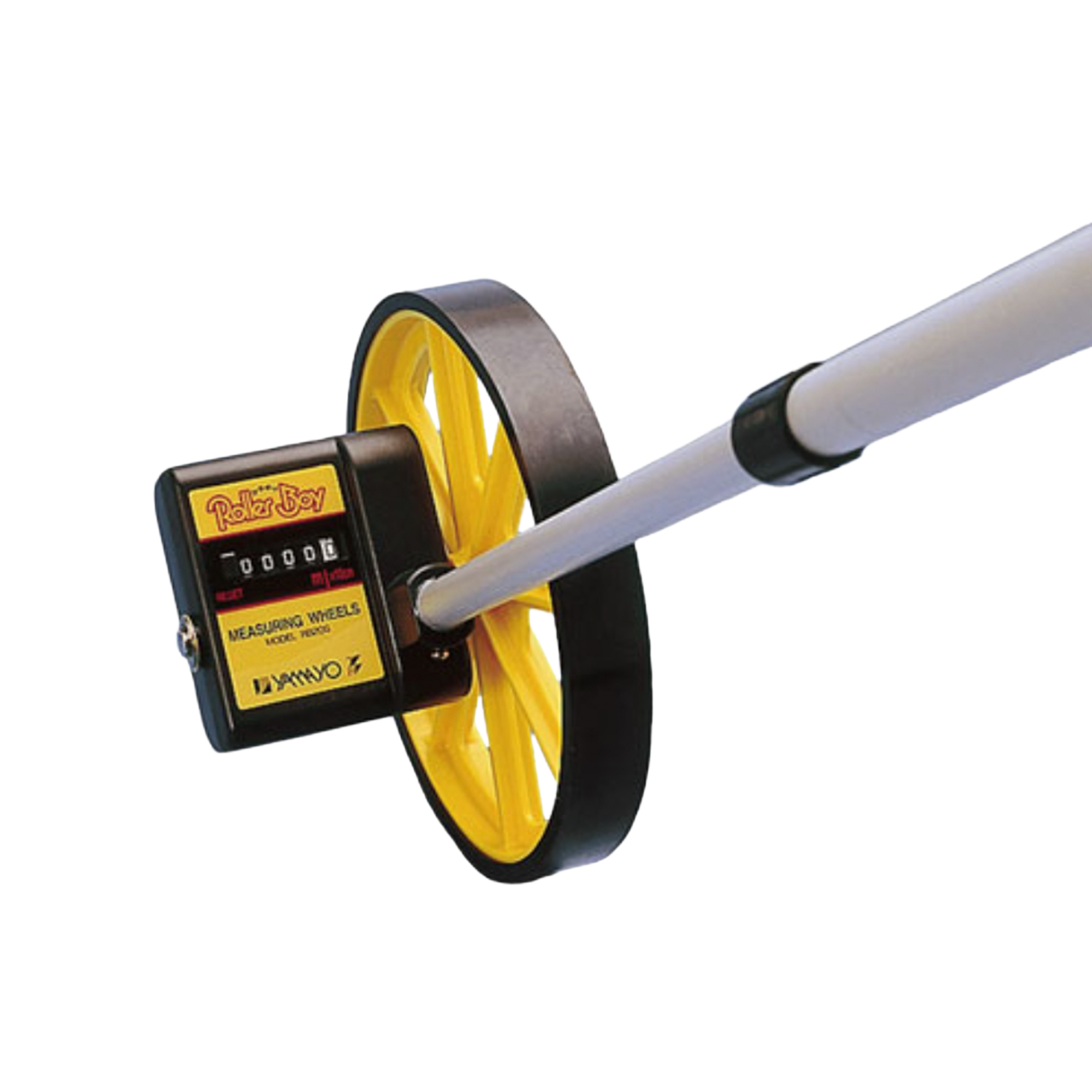 Measuring wheel with yellow rim and black casing on a white background