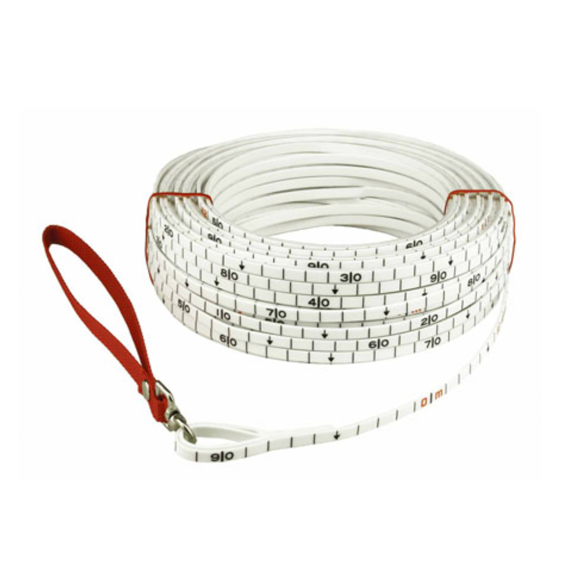 Measuring tape rope with a red handle on a white background