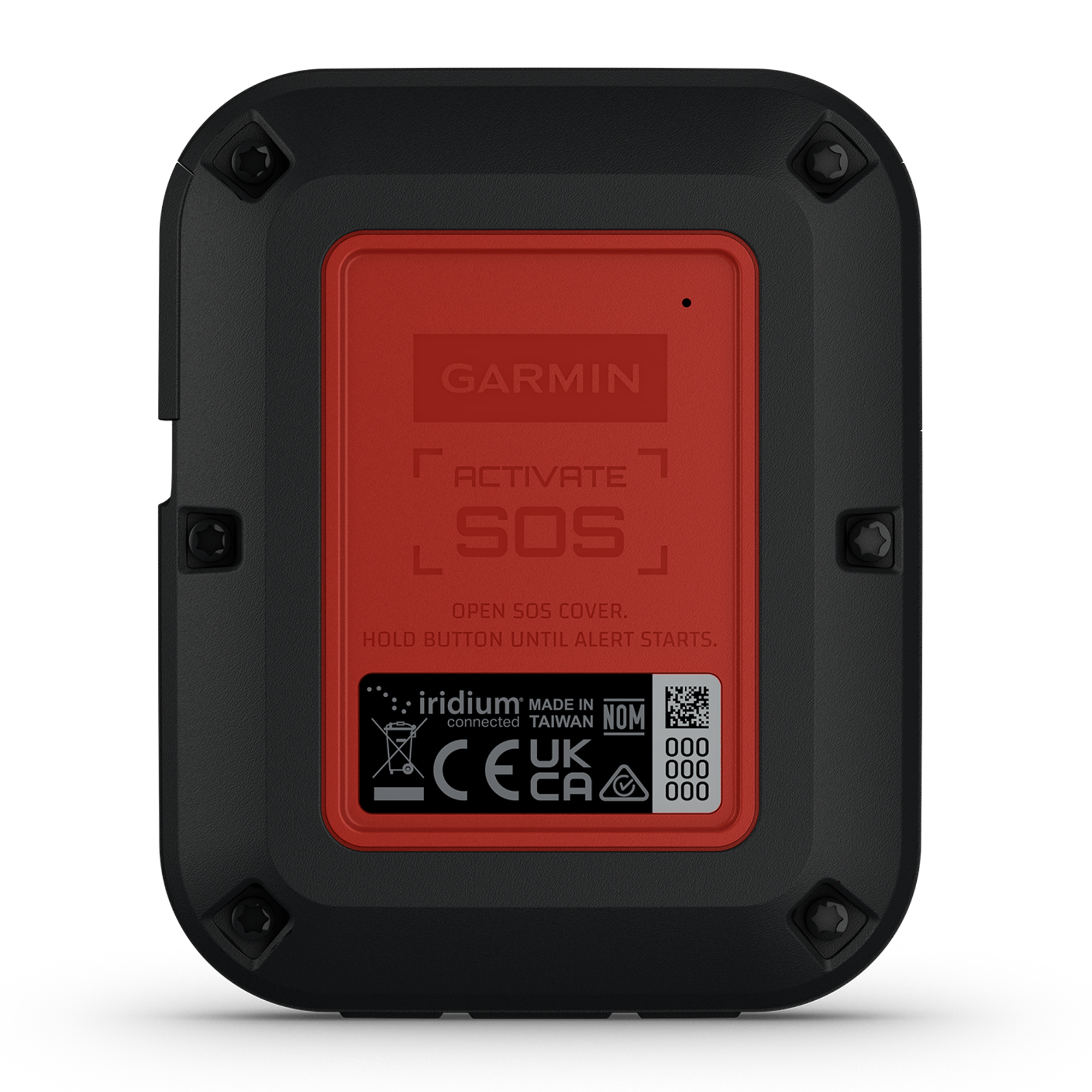 The back of a Garmin SOS safety device, featuring a black rugged housing with a red central panel