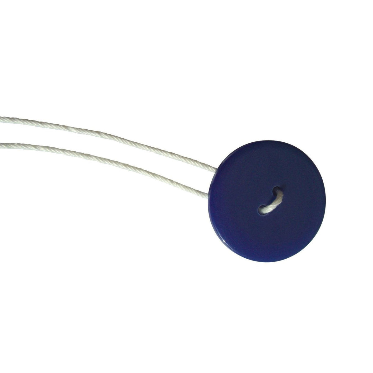 Blue button threaded through a white piece of thread