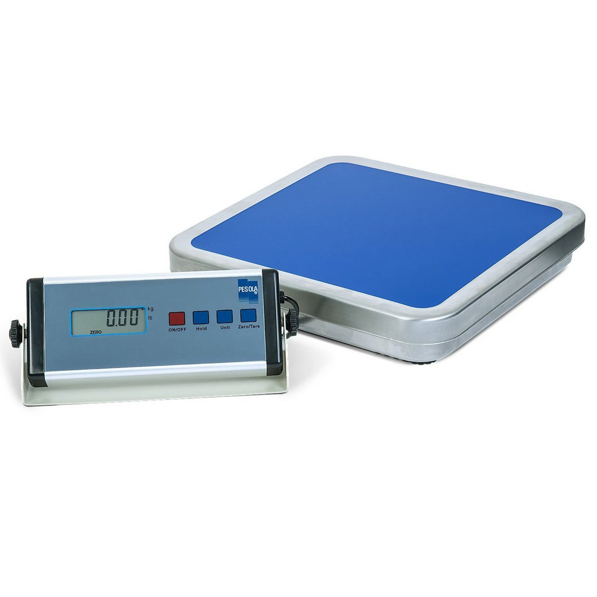 A blue and silver stainless steel platform scale