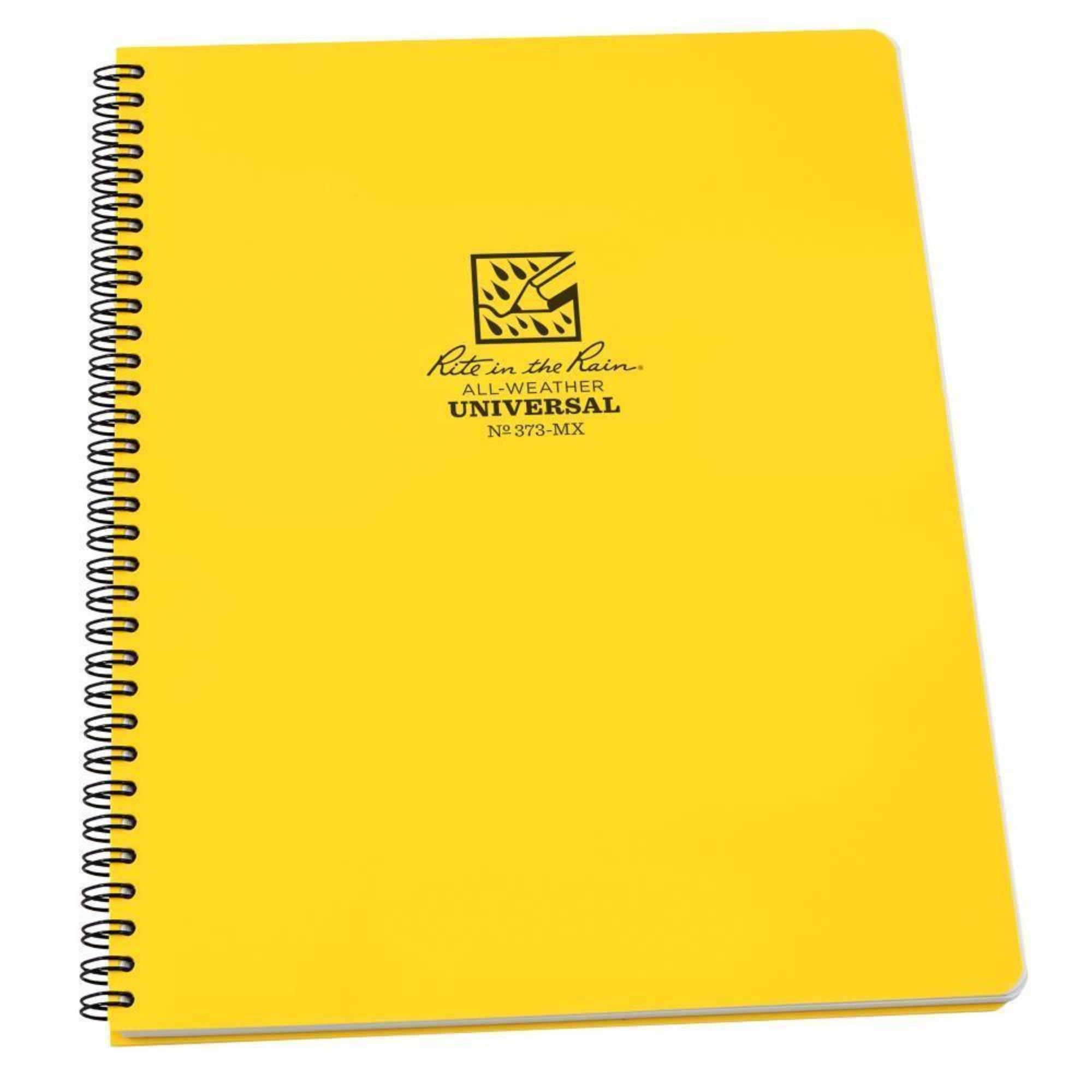 A yellow Rite in the Rain 373-MX all-weather universal book with a spiral binding