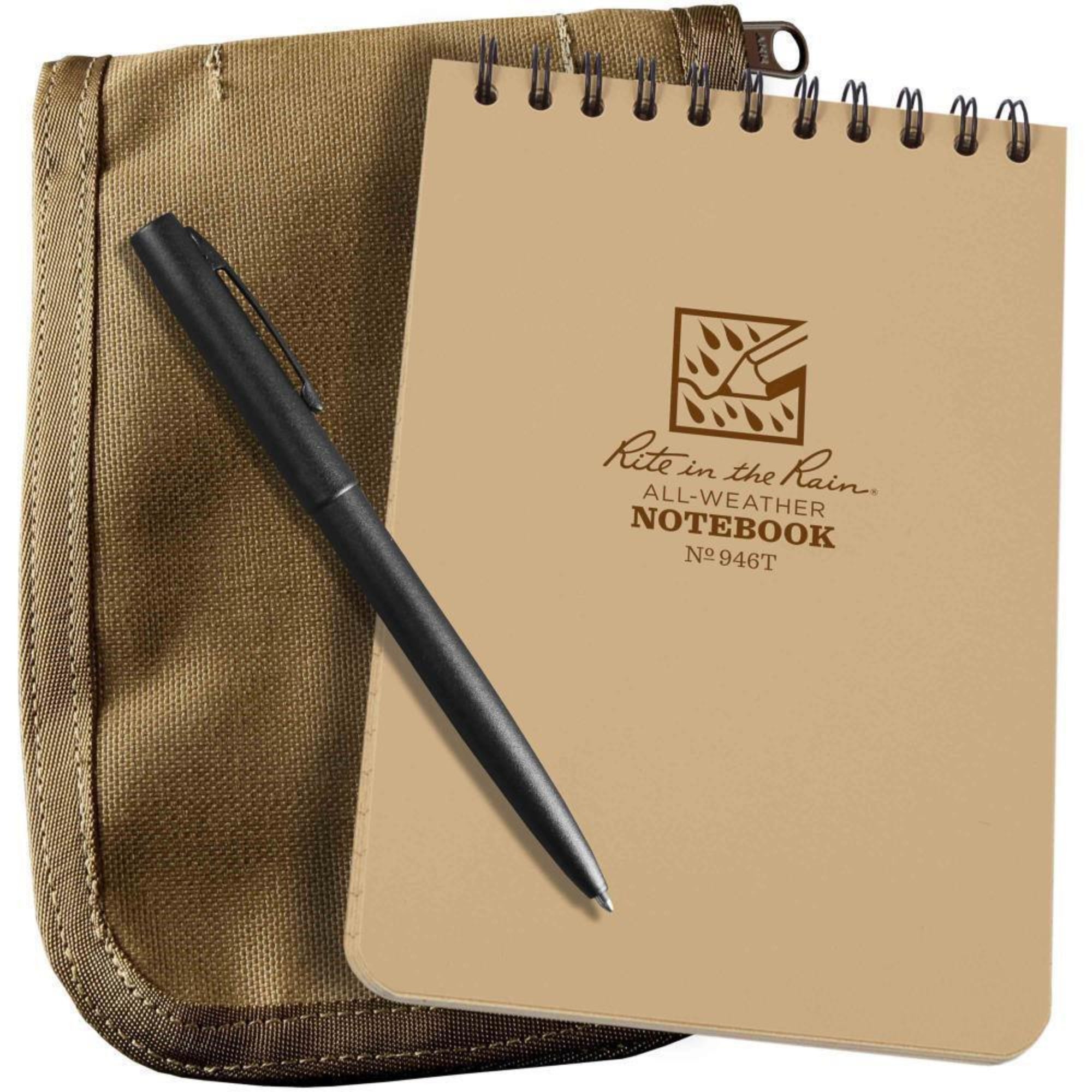Top spiral notebook with a black pen and tan cover on a white background.