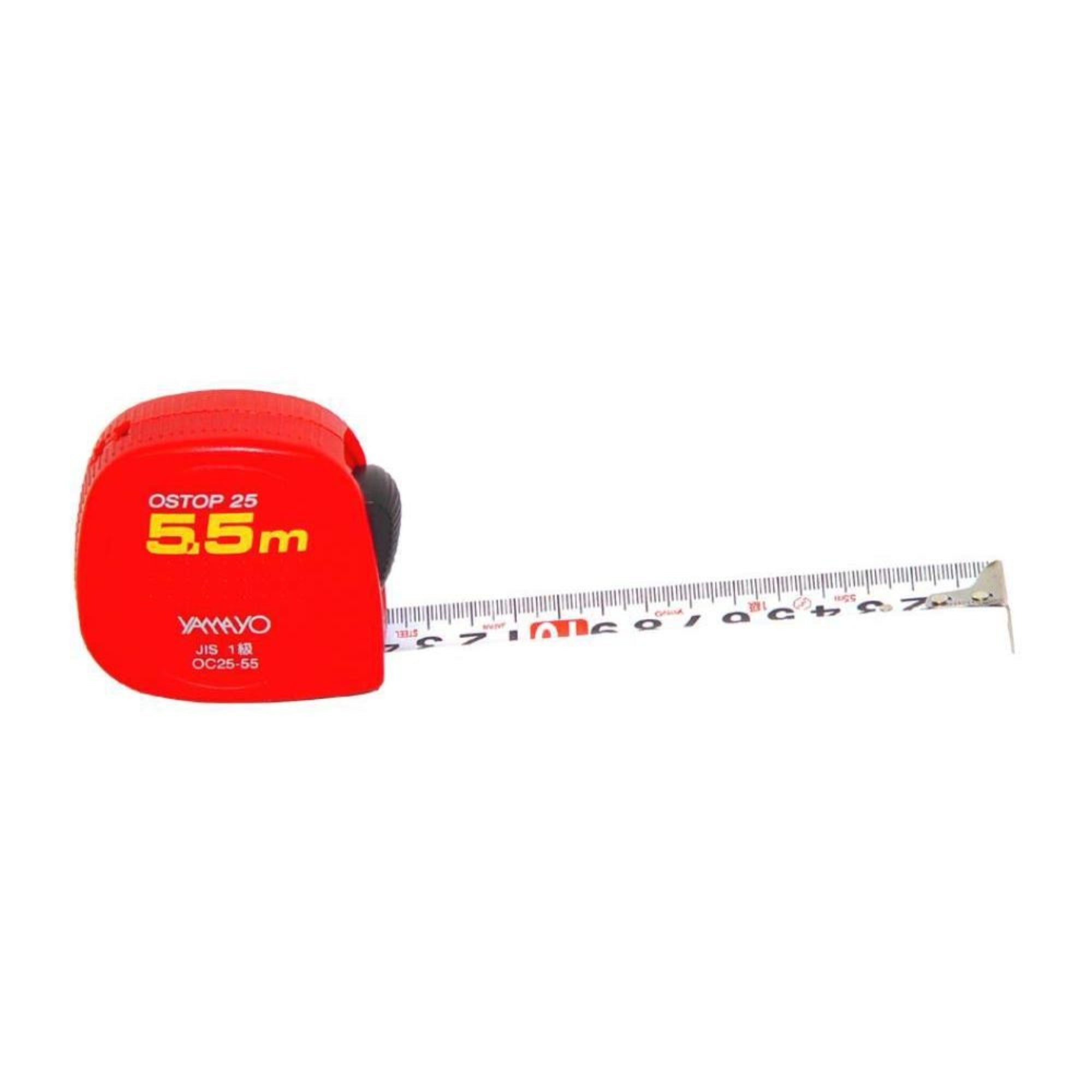 Red tape measure with white measurement scale on a white background