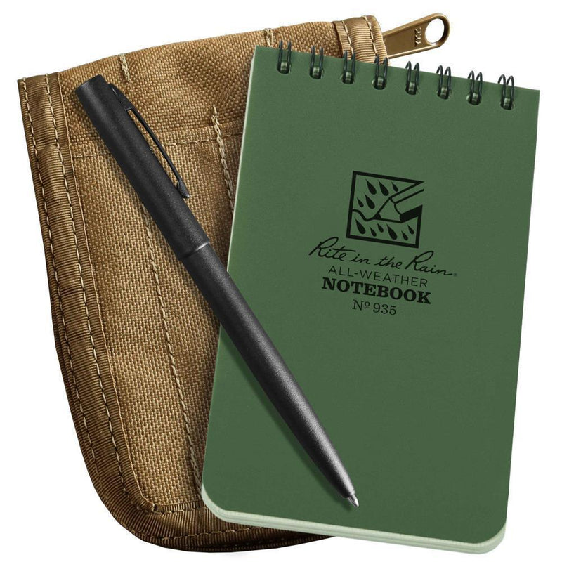 Rite in the Rain 935-KIT, All Weather Green Universal 76mm x 127mm in Kit, Tan Cordura Fabric Cover, Black All Weather Pen - prospectors.com.au