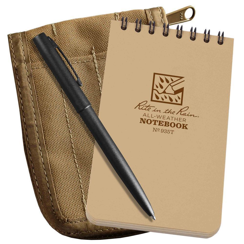 Rite in the Rain 935T-KIT, All Weather Universal 76mm x 127mm Kit, Tan Cordura Fabric Cover, Black All Weather Pen - prospectors.com.au