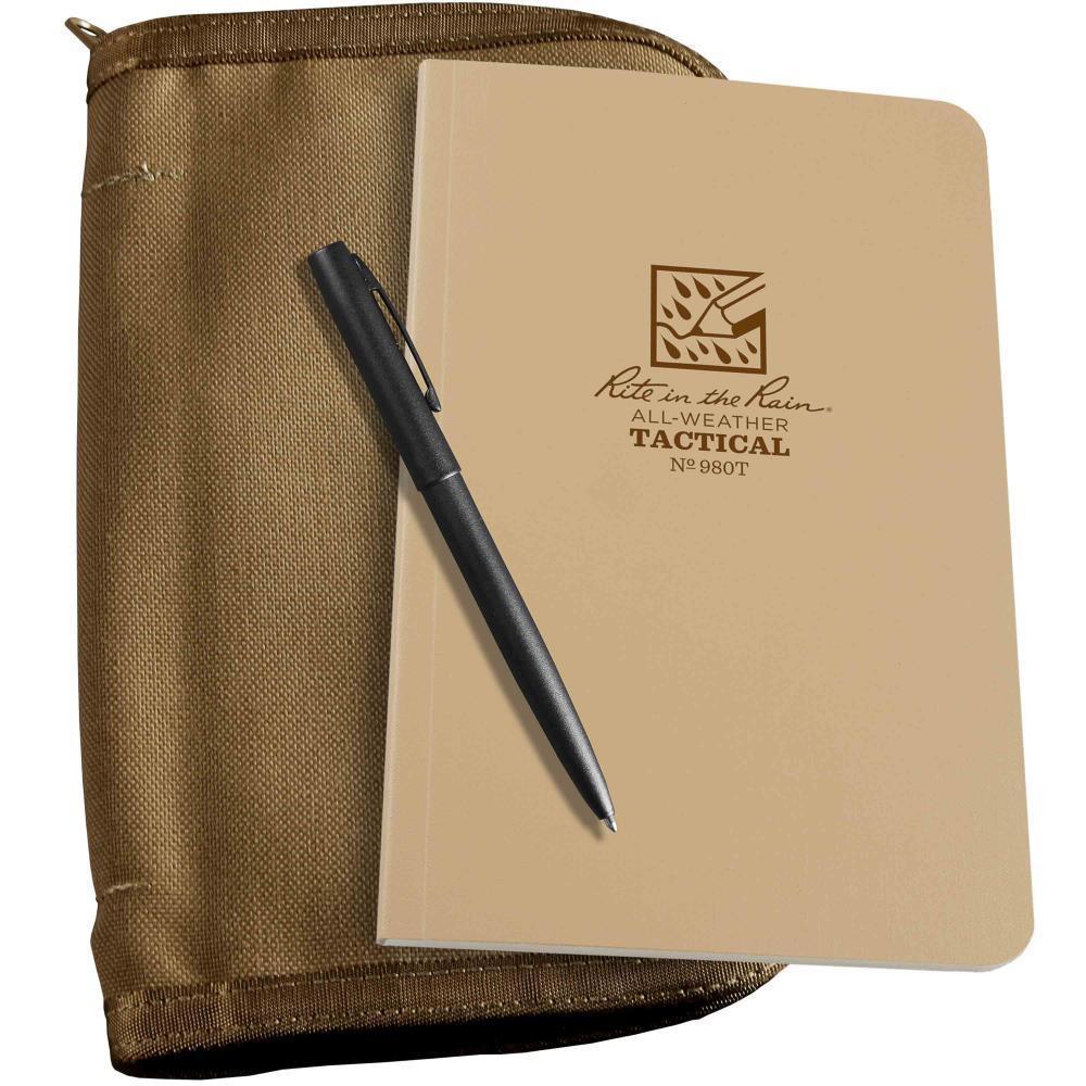 Rite in the Rain 980T-KIT, All Weather Desert Tan Universal 117mm x 184mm Field Book in Kit, Tan Cordura Fabric Cover, Black All Weather Pen - prospectors.com.au