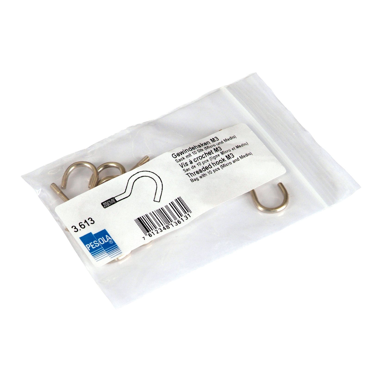 A small clear plastic bag containing hooks