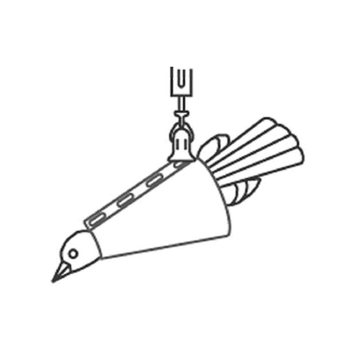 Black and white line art illustration of a hanging bird cone