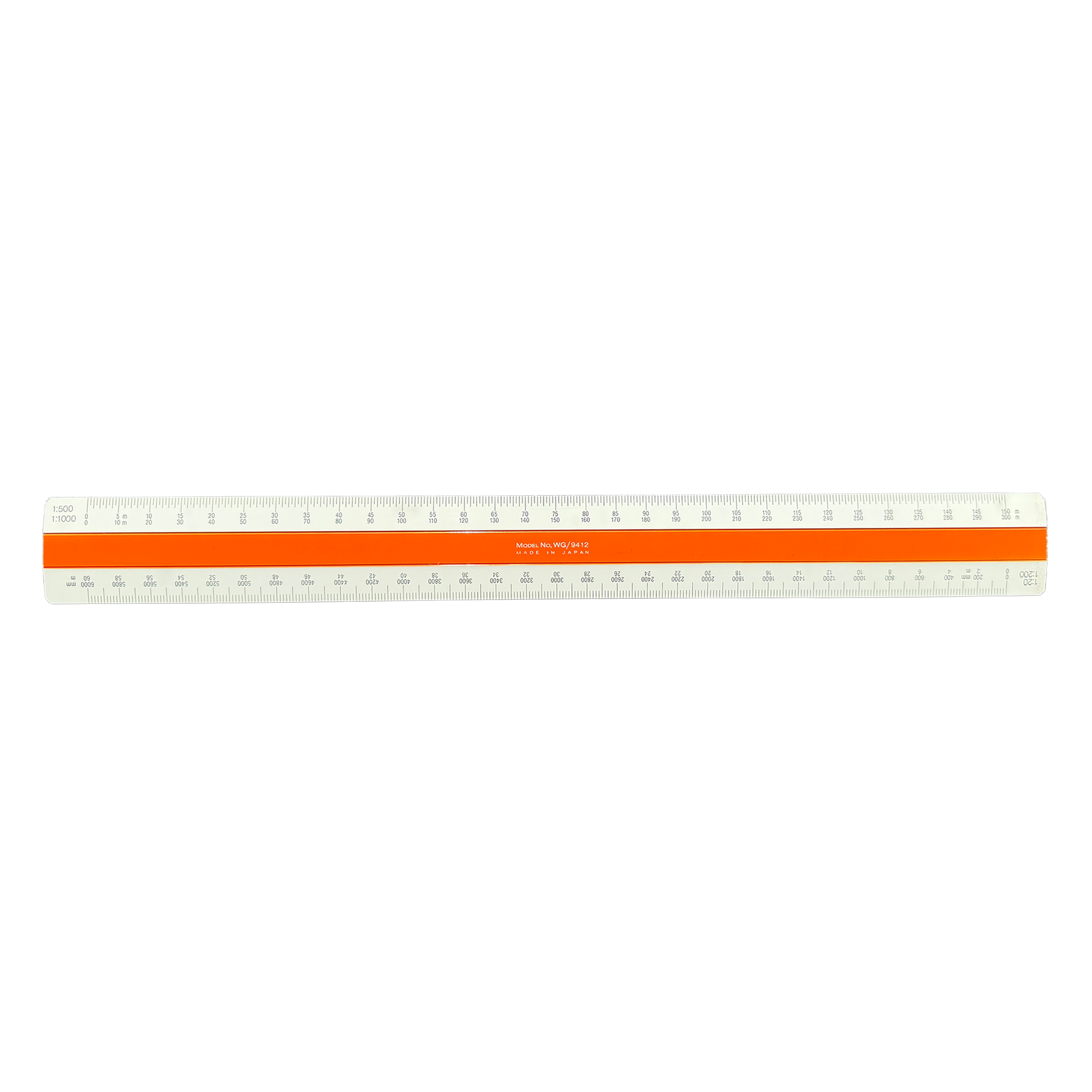 A plastic ruler with orange center stripes and black measurement markings, shown horizontally on a plain white background.