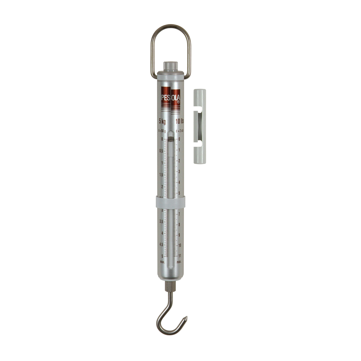 A vertical spring scale with measurement markings and hook