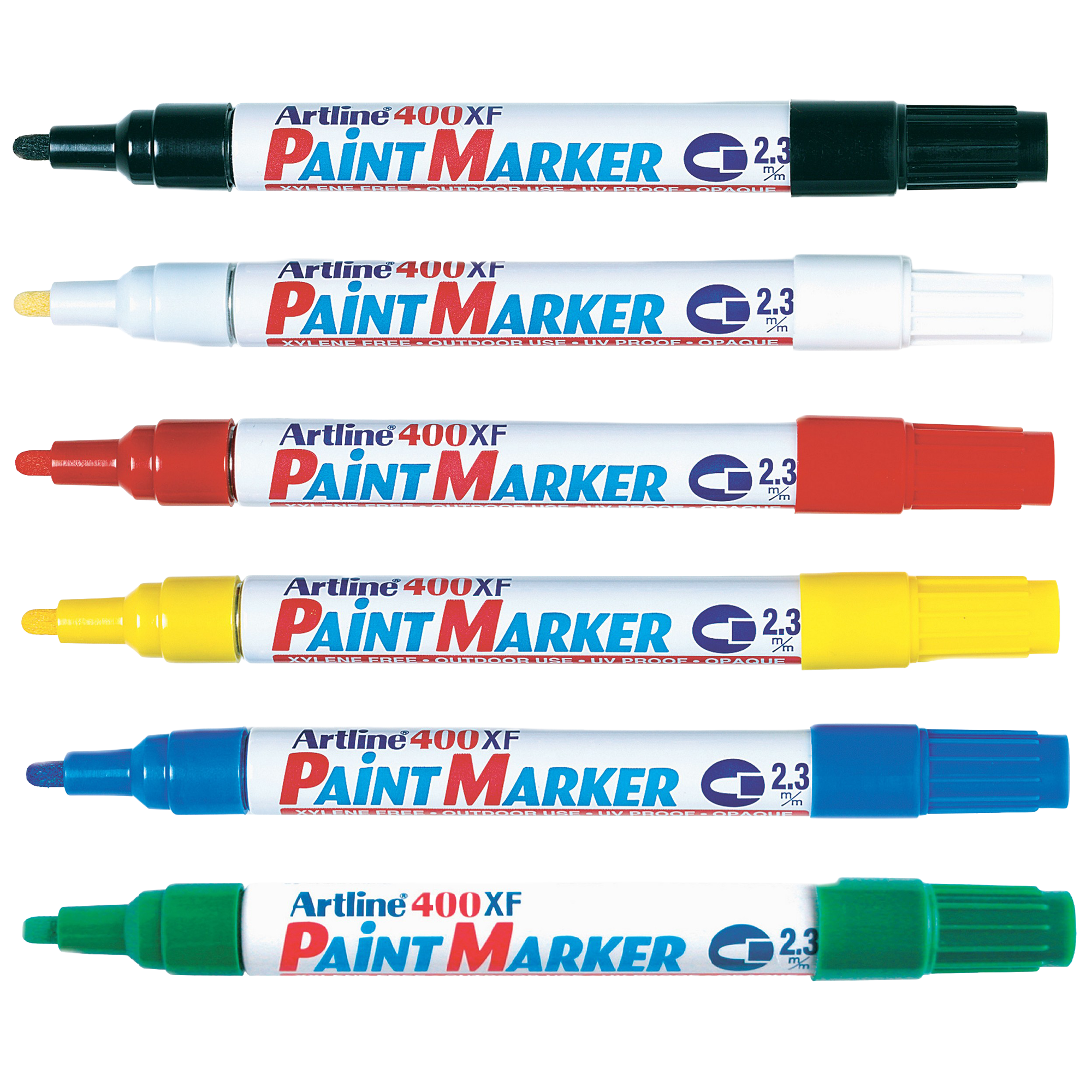 Set of six Artline 400XF Paint Markers in different colors on a white background