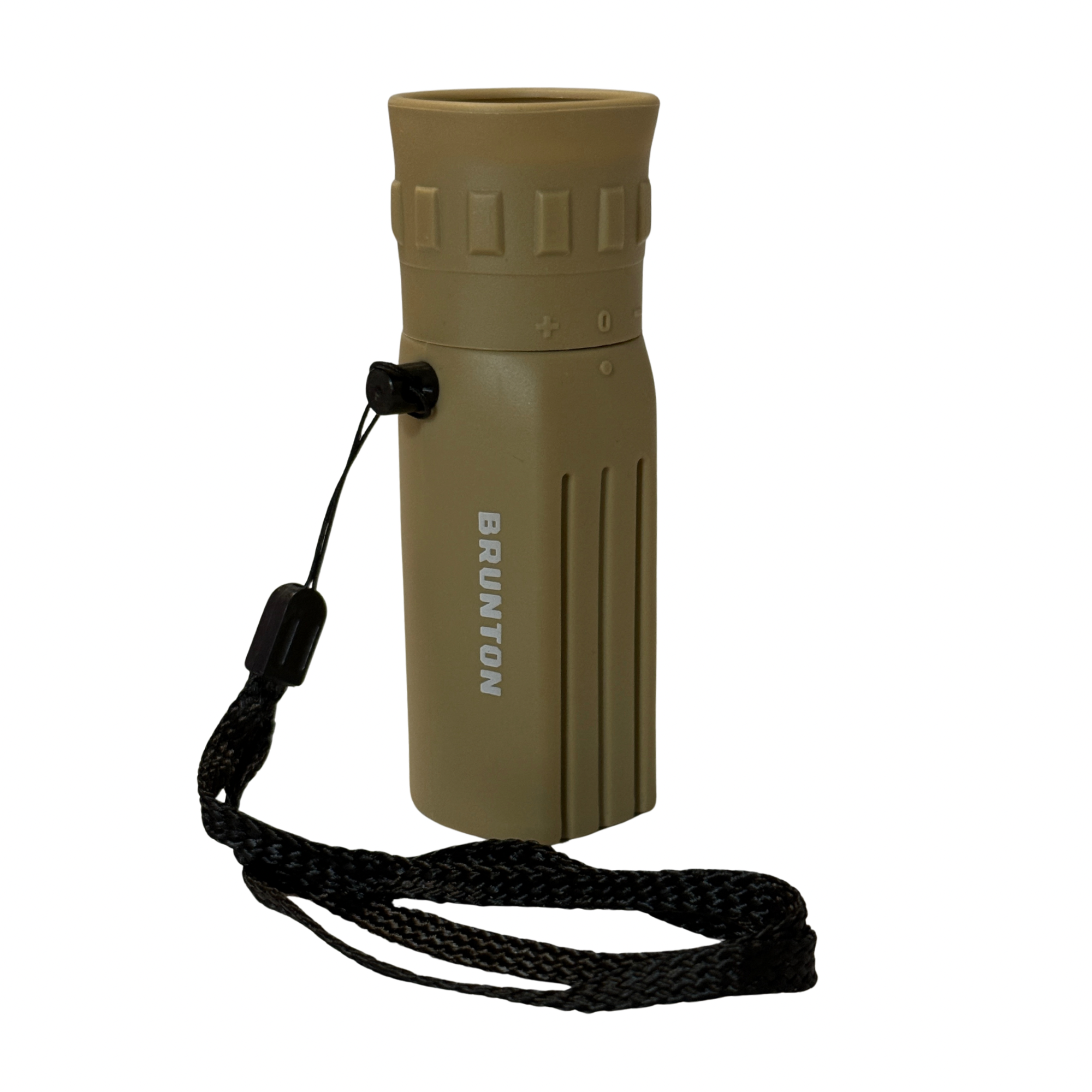 Brown monocular with a black strap on a white background