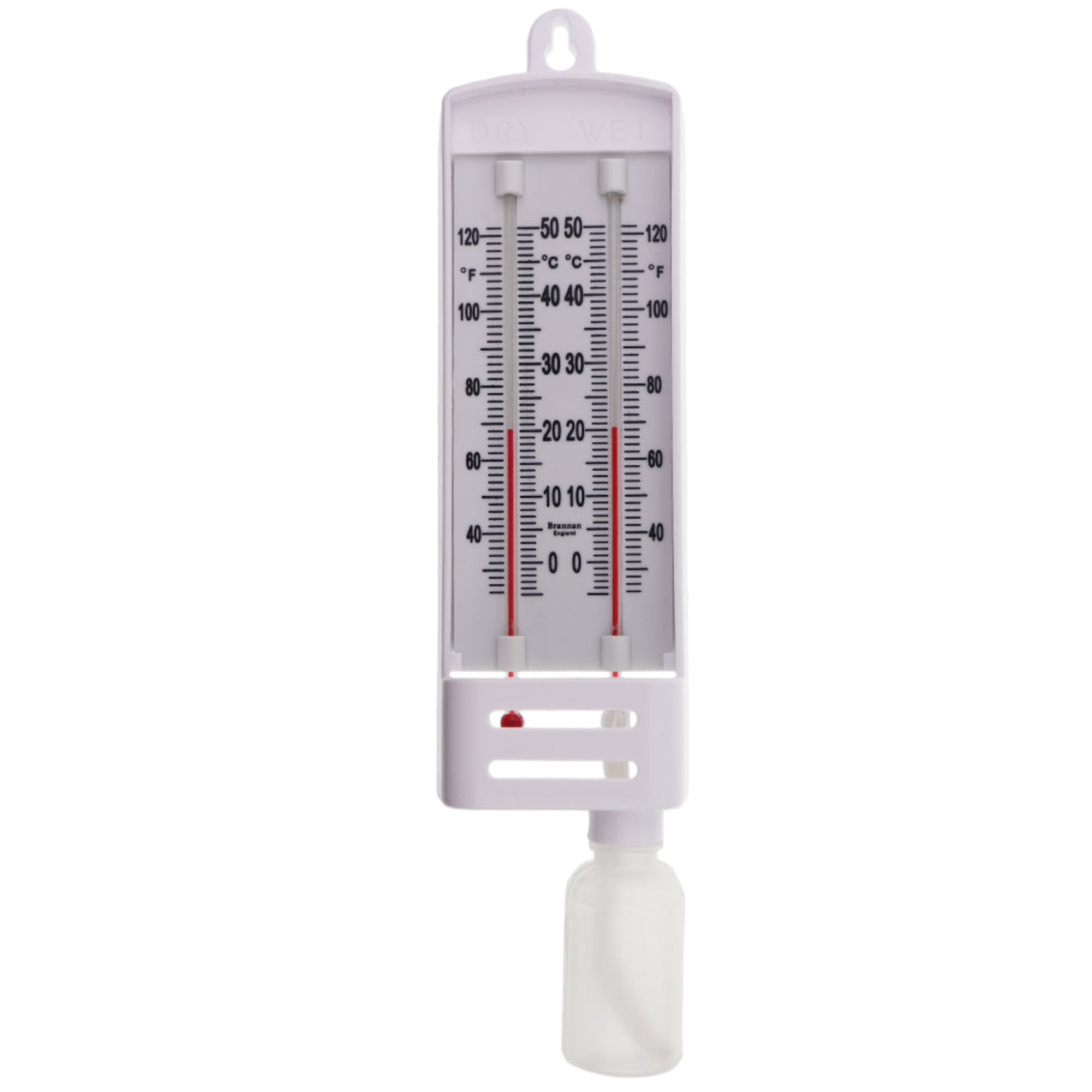 A Brannan Wet and Dry Bulb Mason's Hygrometer, showing a white case with a black and red scale, and a white pot.