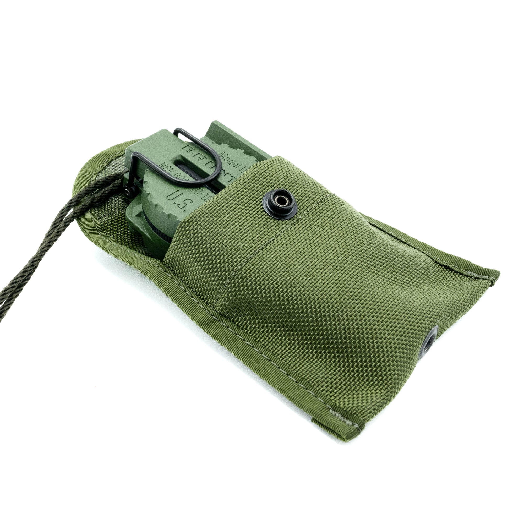 Green tactical pouch with a compass inside on a white background